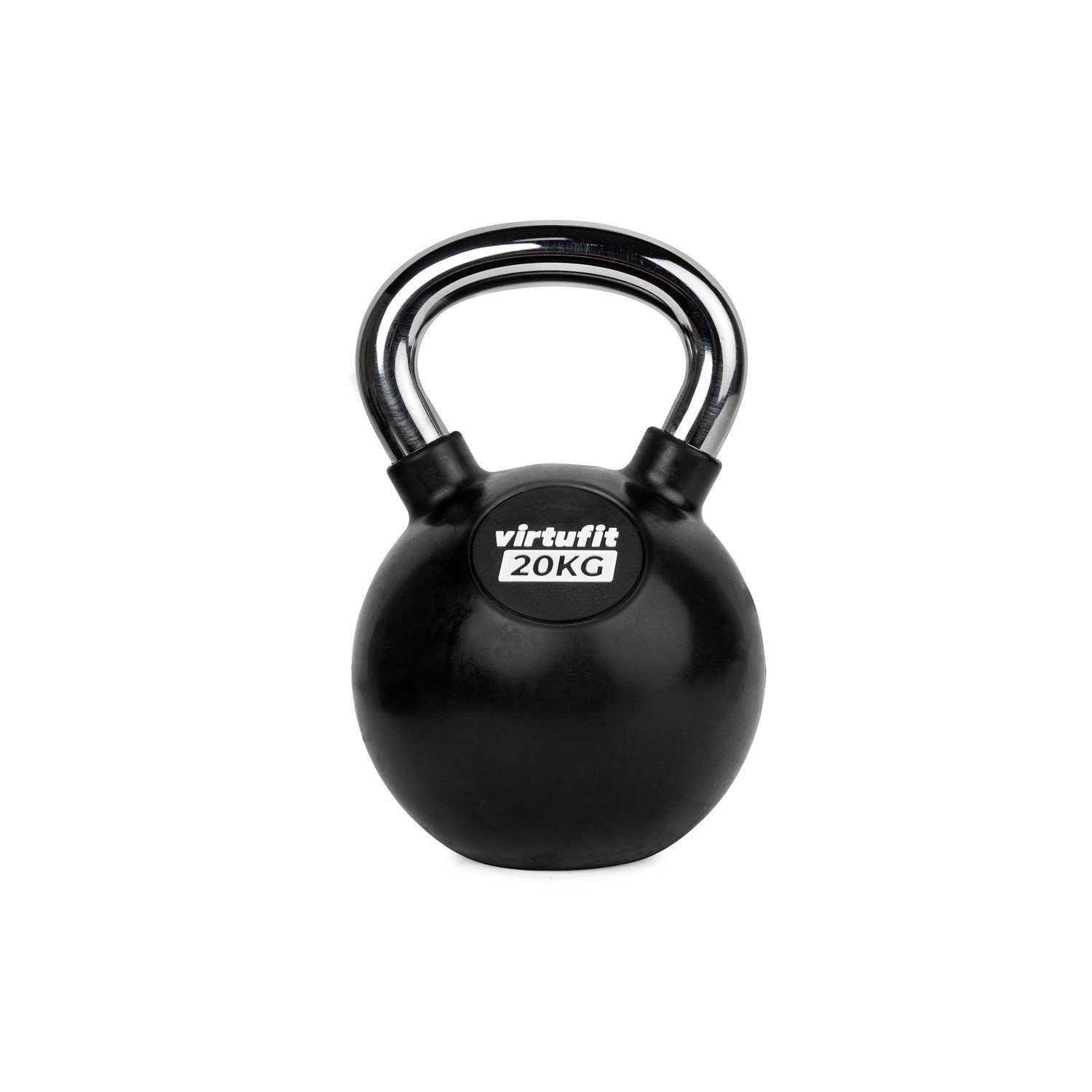 Schwarze Kettlebell mit silbernem Griff. Darauf steht "virtufit 20KG". Isoliert auf weißem Hintergrund.