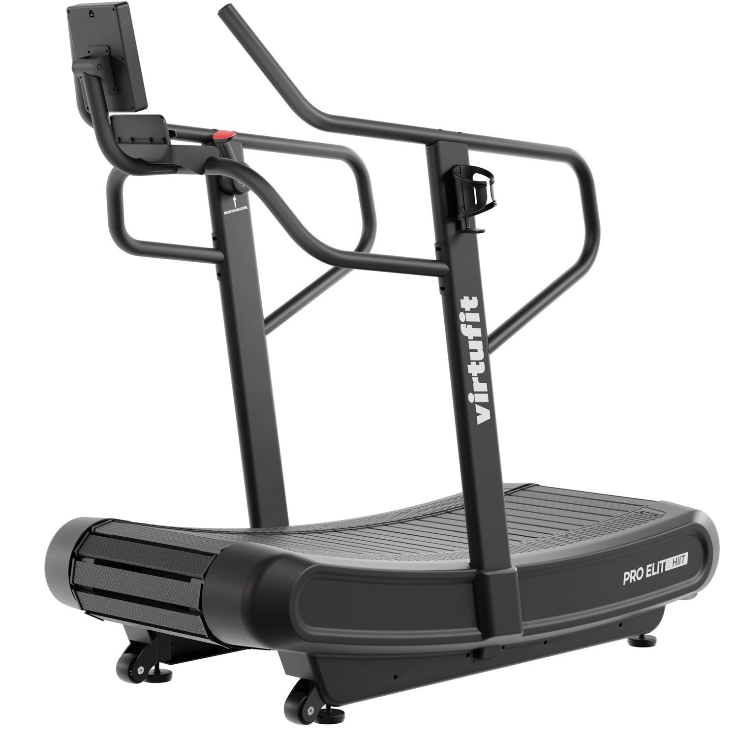 Ein schwarzes Virtufit Pro Elite Hit Laufband. Es hat eine gebogene Lauffläche, schwarze Handläufe und einen Bildschirm oben.