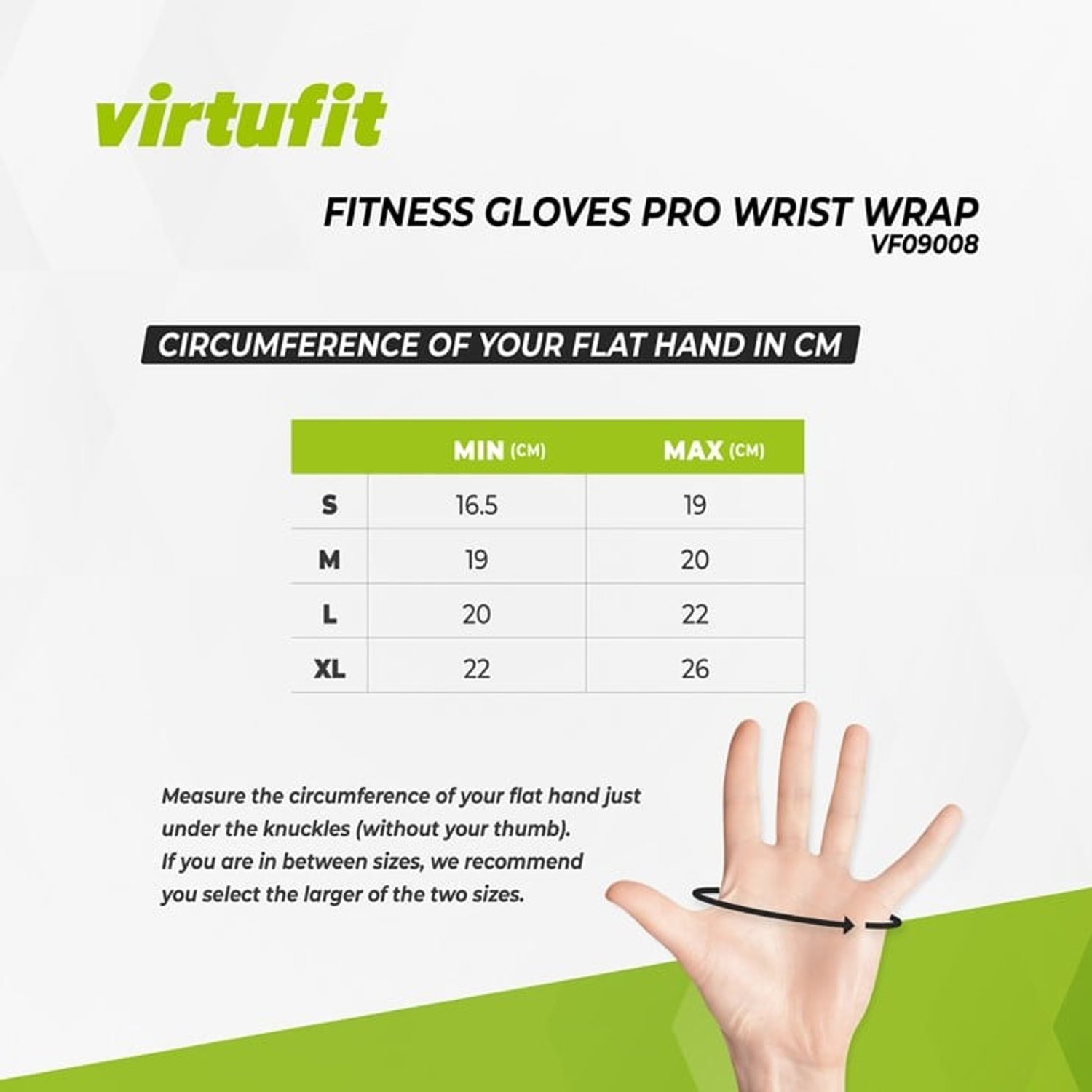 Das Bild zeigt eine Hand, die den Umfang für Fitnesshandschuhe misst. Eine Größentabelle mit Mindest- und Höchstwerten in cm ist ebenfalls vorhanden.