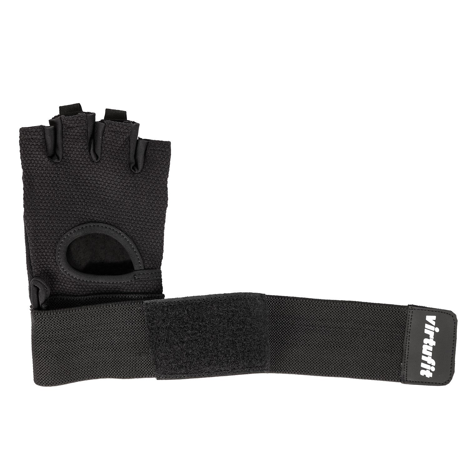 Schwarzer Gewichtheberhandschuh mit Handgelenkstütze. Auf dem Handgelenkriemen steht 'virtufit' in weißen Buchstaben auf Schwarz.
