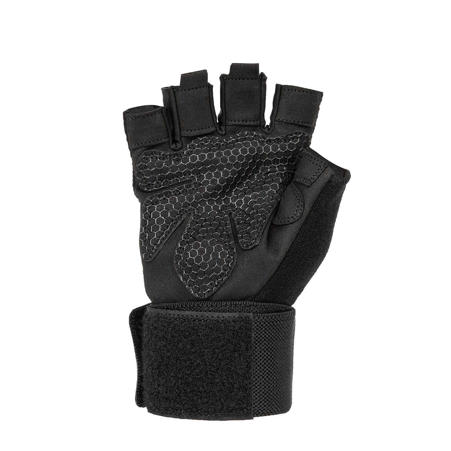 Ein schwarzer Gewichtheberhandschuh mit Fingerschlaufen und Handgelenkstütze, auf der Handfläche ein Wabenmuster.