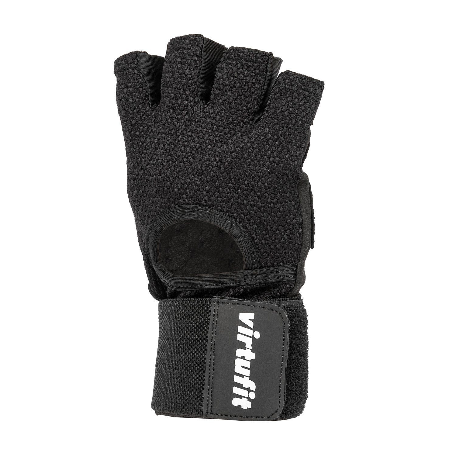 Ein schwarzer Gewichtheberhandschuh mit Handgelenkbandage. Der Handschuh hat ein fingerloses Design und eine strukturierte Oberfläche.