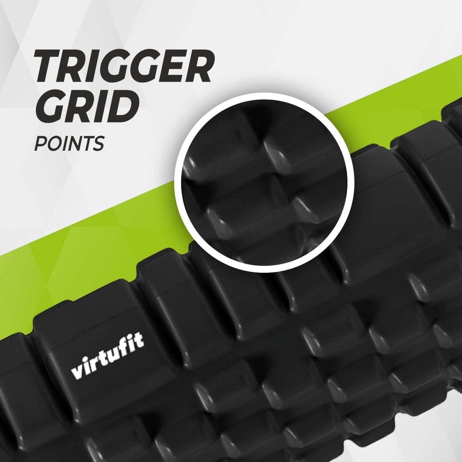 Schwarze Faszienrolle mit weißem VirtuFit-Text. Oben steht Trigger Grid Points. Detailansicht des Rasters.