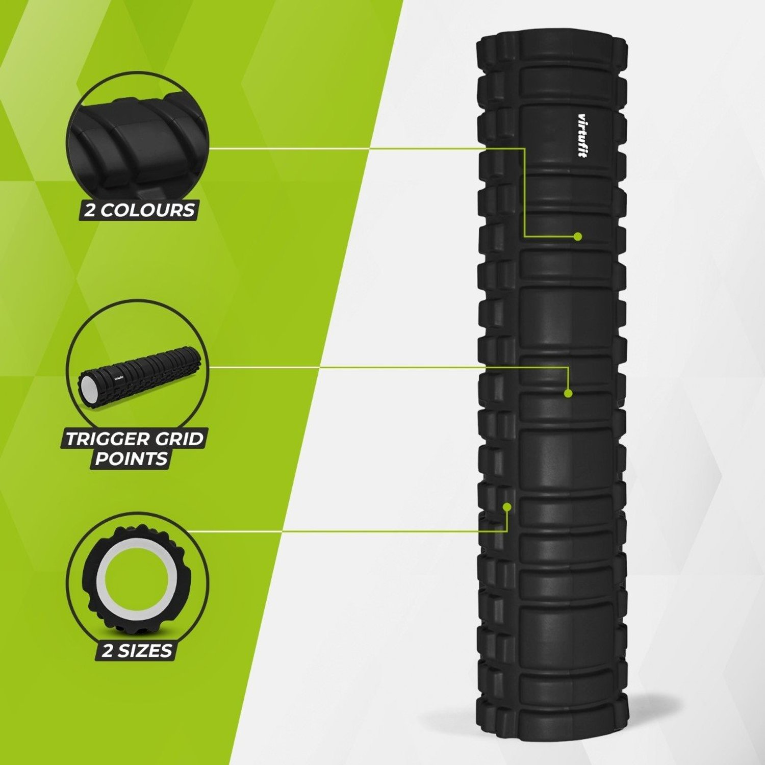Schwarze Virtufit-Schaumstoffrolle mit Triggerpunkten, verschiedenen Größen und Farben, dargestellt mit Diagrammen. Vor grünem und weißem Hintergrund.