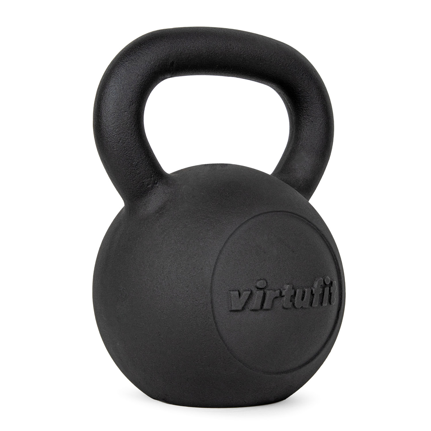 Eine schwarze Kettlebell mit Griff. Auf dem runden Körper ist das Wort 'virtufit' eingeprägt. Sie steht auf weißem Hintergrund.