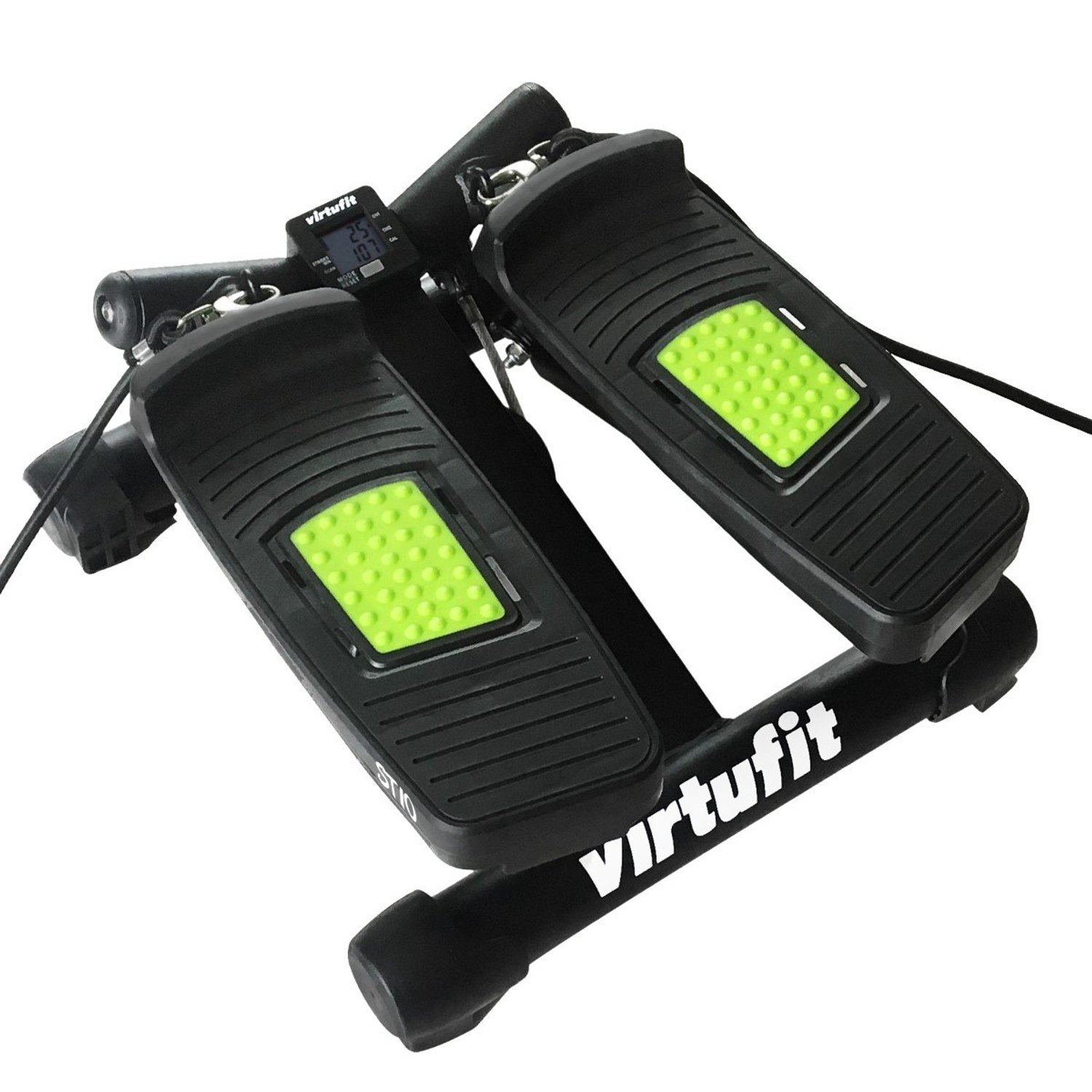 Schwarzer und grüner Virtufit-Stepper. Zwei Fußpedale mit grünen Einsätzen. Digitalanzeige zeigt Statistiken. Weißes Virtufit-Logo auf dem Rahmen.