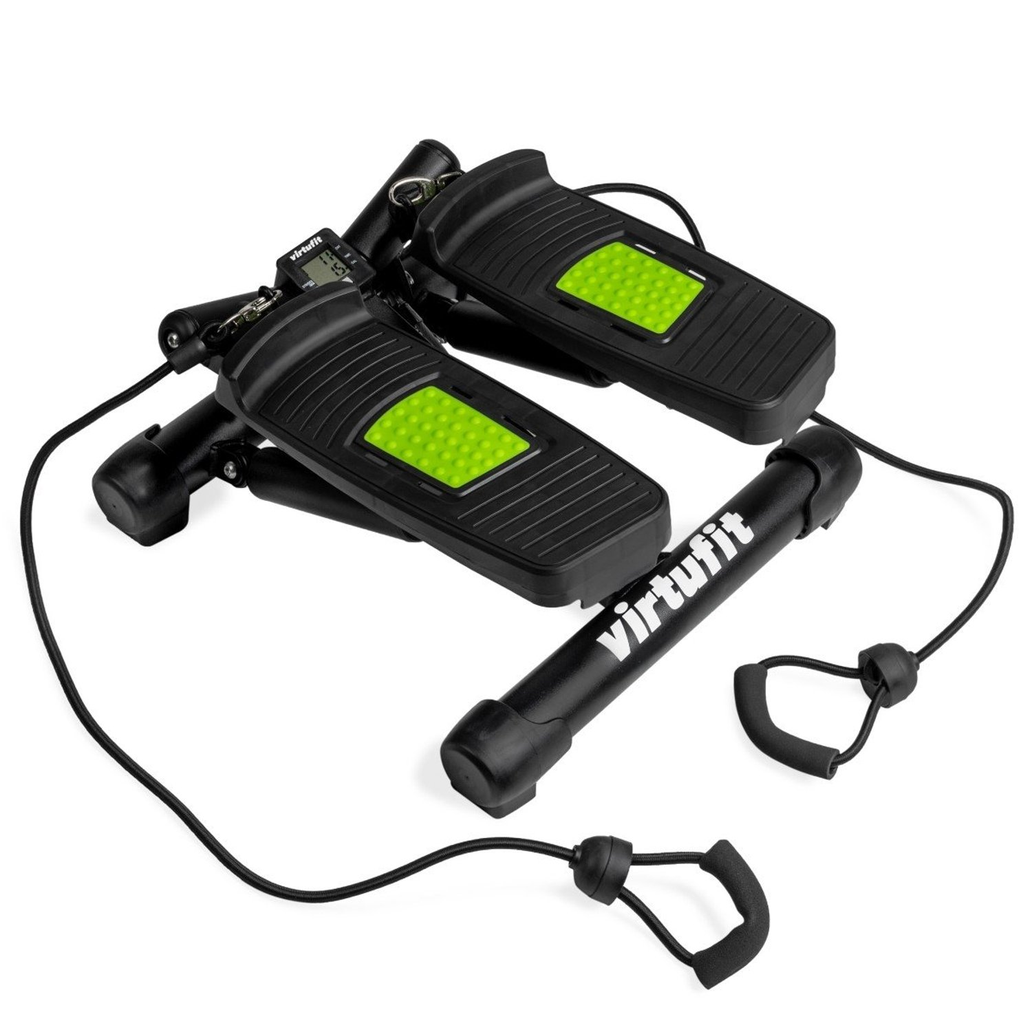 Schwarzer VirtuFit Stepper mit grünen Akzenten und Widerstandsbändern, auf weißem Hintergrund. Text auf dem Gerät ist VirtuFit.