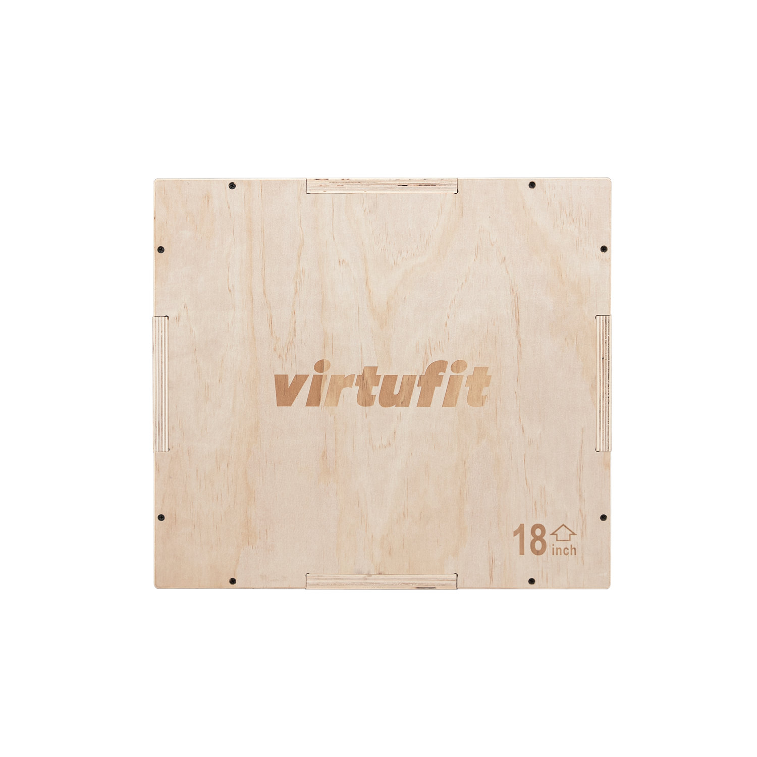 Eine hölzerne VirtuFit Plyo-Box, Naturfarbe, mit sichtbarem Logo. Sie hat eine Größe von 18 Zoll. Schrauben sind sichtbar.