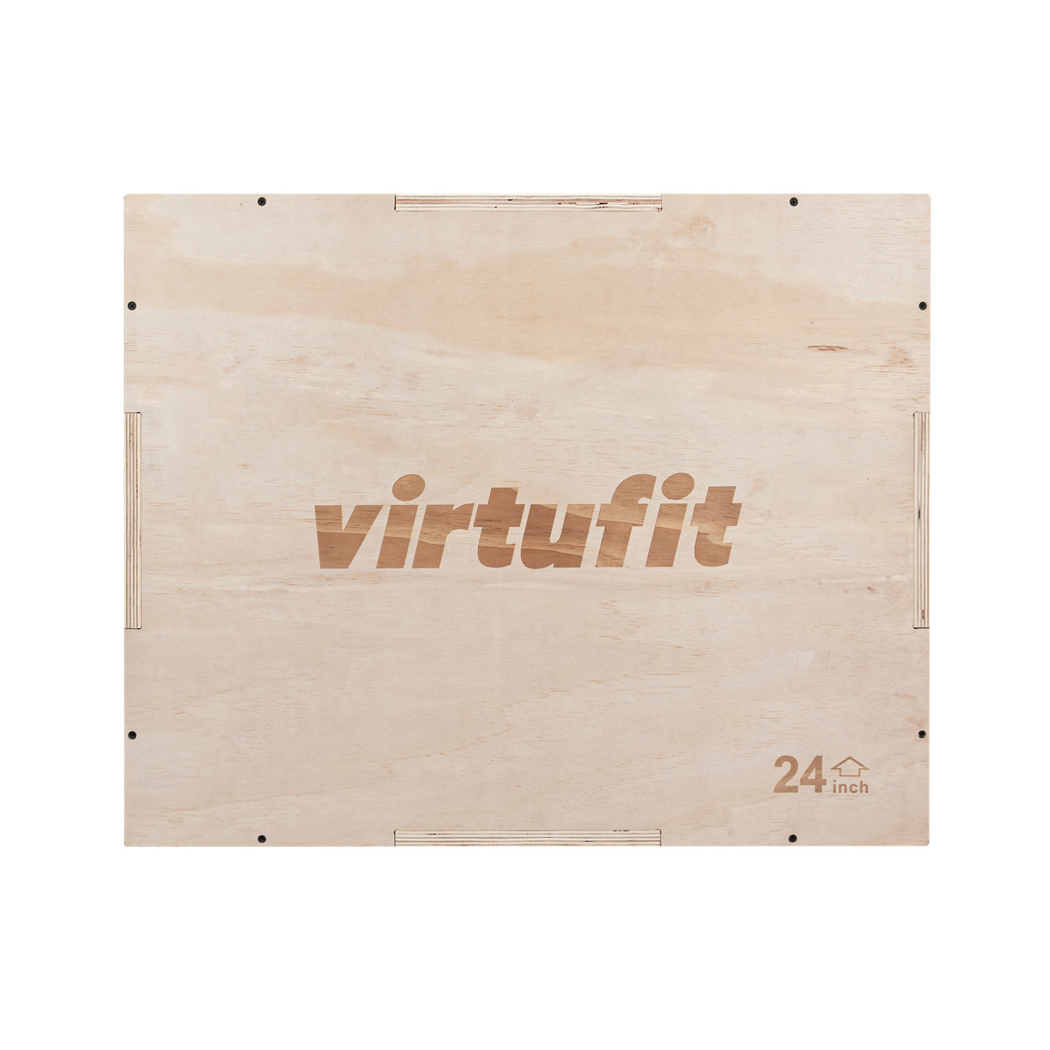 Eine hölzerne plyometrische Box mit dem Wort 'virtufit' und '24 Zoll' darauf. Die Box ist hellbraun und steht auf weißem Hintergrund.