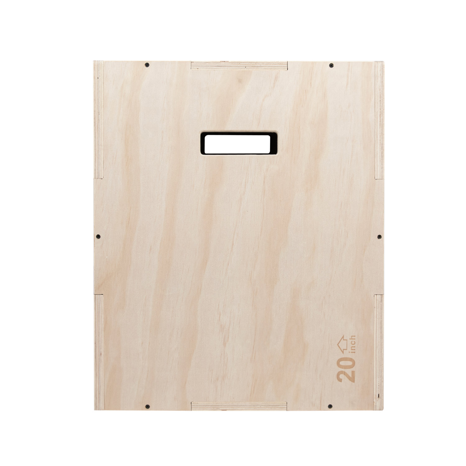 Eine hellbraune Plyo-Box aus Holz mit Griffaussparung. '20 Zoll' ist aufgedruckt. Schrauben befestigen die Box.
