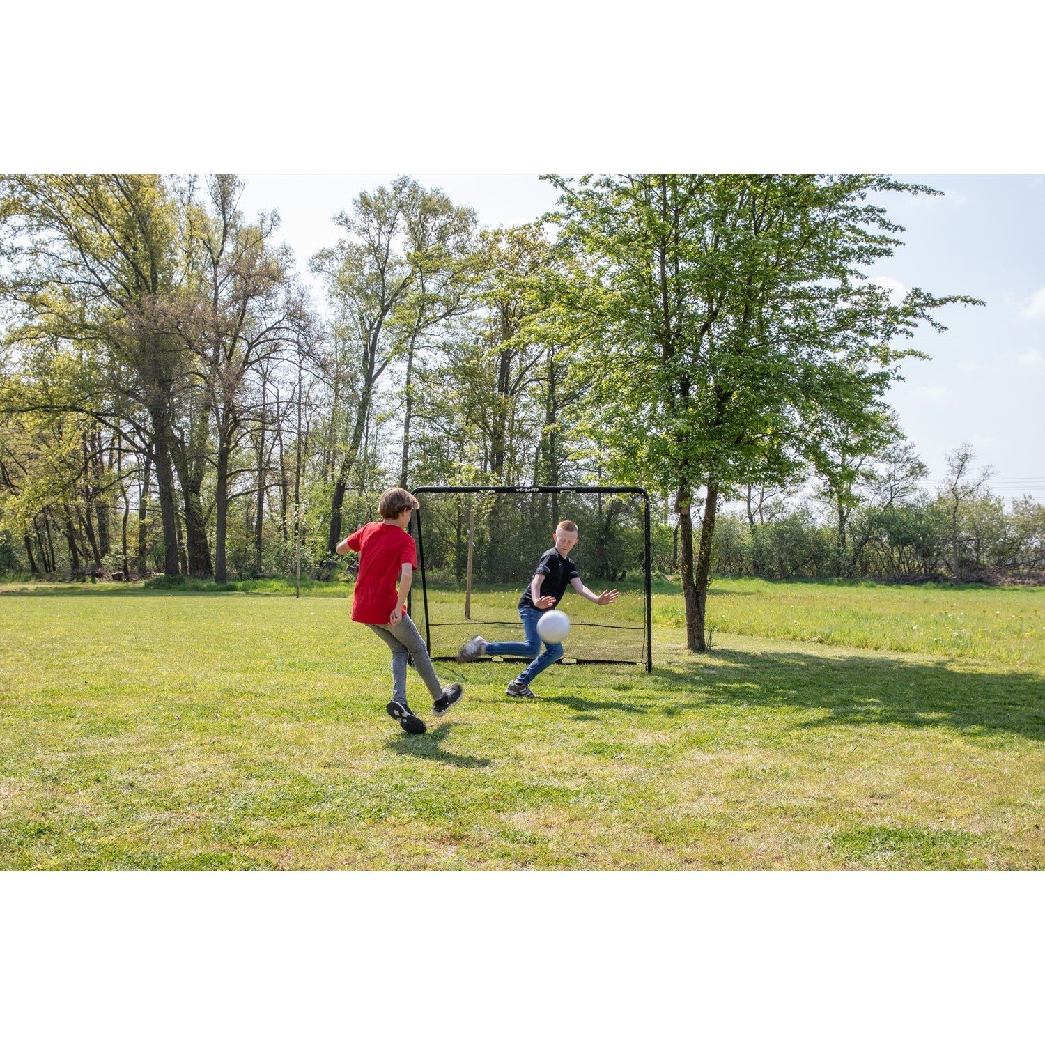 Due ragazzi giocano a calcio su un campo verde. Uno calcia la palla verso la porta. Alberi e cielo sereno sullo sfondo.
