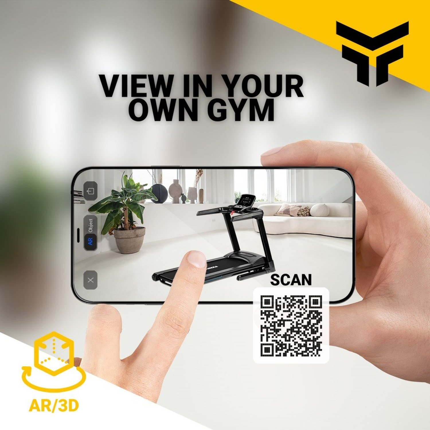 Eine Hand hält ein Telefon, das ein Laufband in einem Raum zeigt. Der Text lautet 'View in your own gym'. Ein QR-Code ist vorhanden.