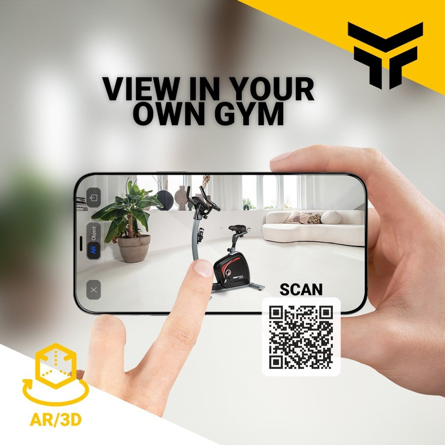 Eine Hand, die ein Telefon hält, zeigt ein Fitnessstudio mit einem Heimtrainer. Text: 'View in your own gym.' Ein QR-Code ist vorhanden.