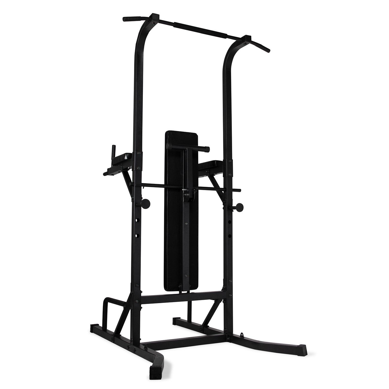 Schwarze multifunktionale Fitnessstation. Sie hat eine Klimmzugstange, Dip-Bars und eine Bank. Der Hintergrund ist weiß.