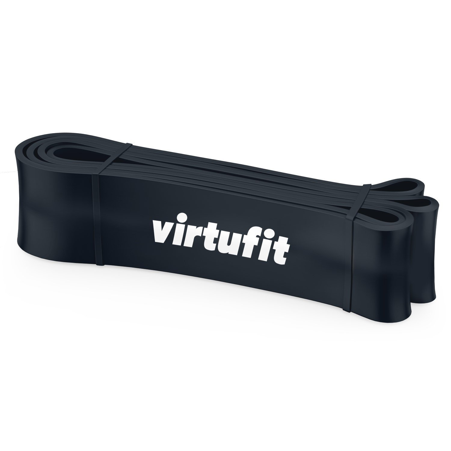 Ein schwarzes Widerstandsband mit weißem Aufdruck 'virtufit'. Es ist gefaltet und liegt auf weißem Hintergrund. Das Band ist dick und stabil.