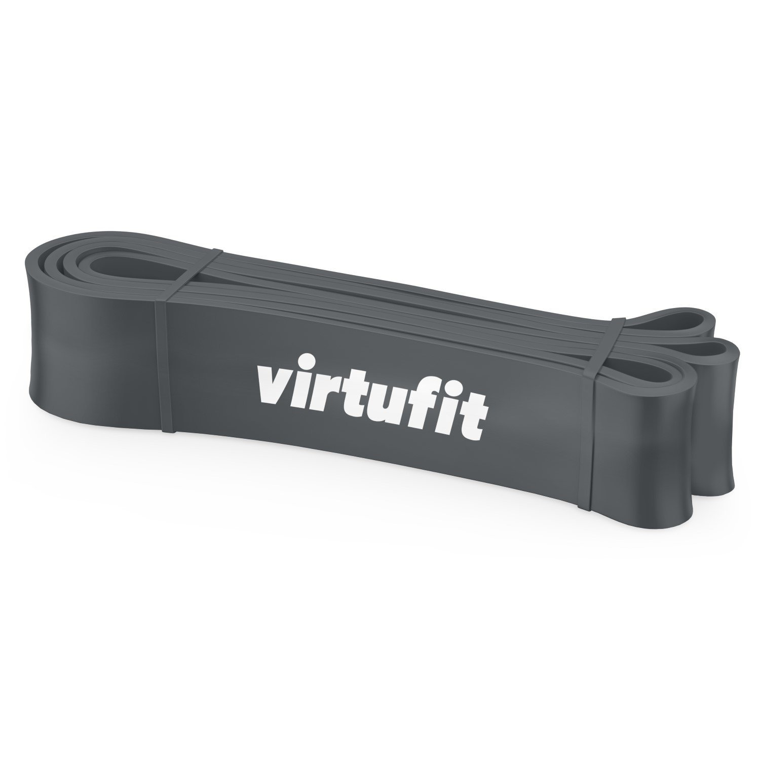 Ein graues Virtufit-Widerstandsband wird angezeigt. Der Markenname ist auf dem Band aufgedruckt und es ist gefaltet.