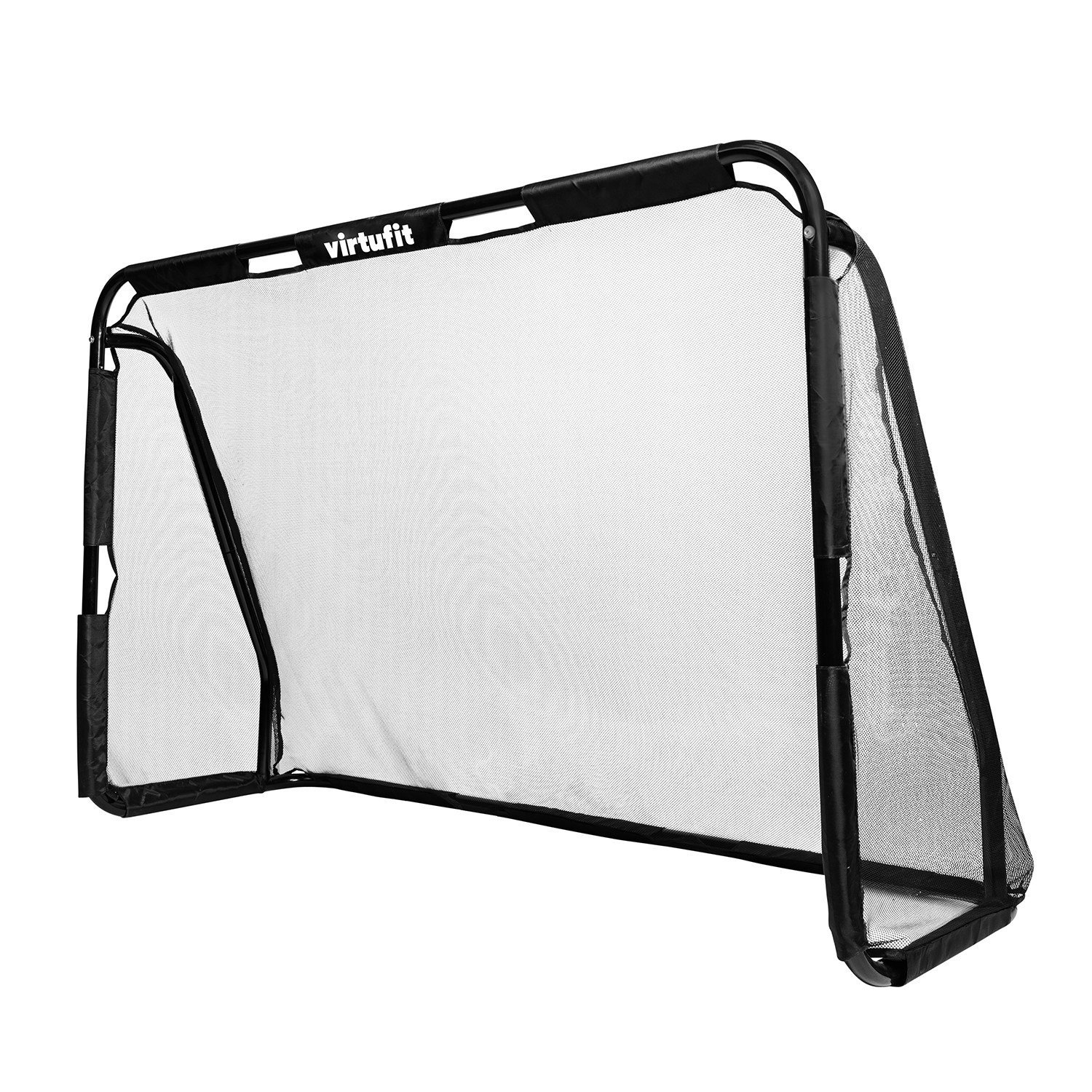 Porta da calcio nera con rete bianca. Testo 'virtufit' sulla barra superiore. La porta è su sfondo bianco.