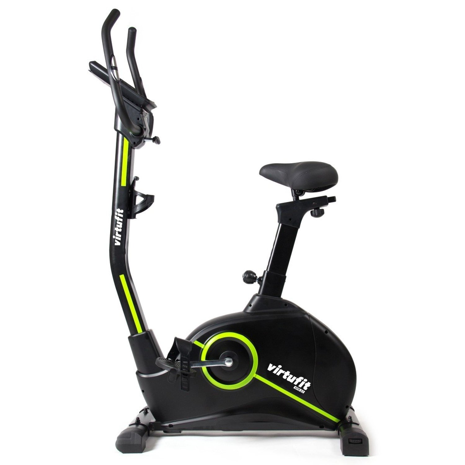 Schwarzes stationäres Trainingsfahrrad mit grünen Akzenten, Sitz, Lenker und dem Markennamen 'virtufit'.