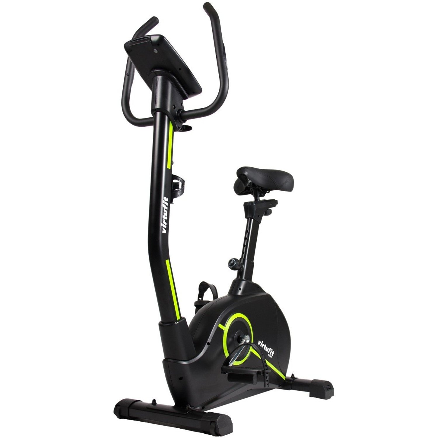 Ein schwarzes VirtuFit-Trainingsfahrrad mit neongrünen Akzenten. Es hat einen Sitz, Lenker und Pedale, vor weißem Hintergrund.