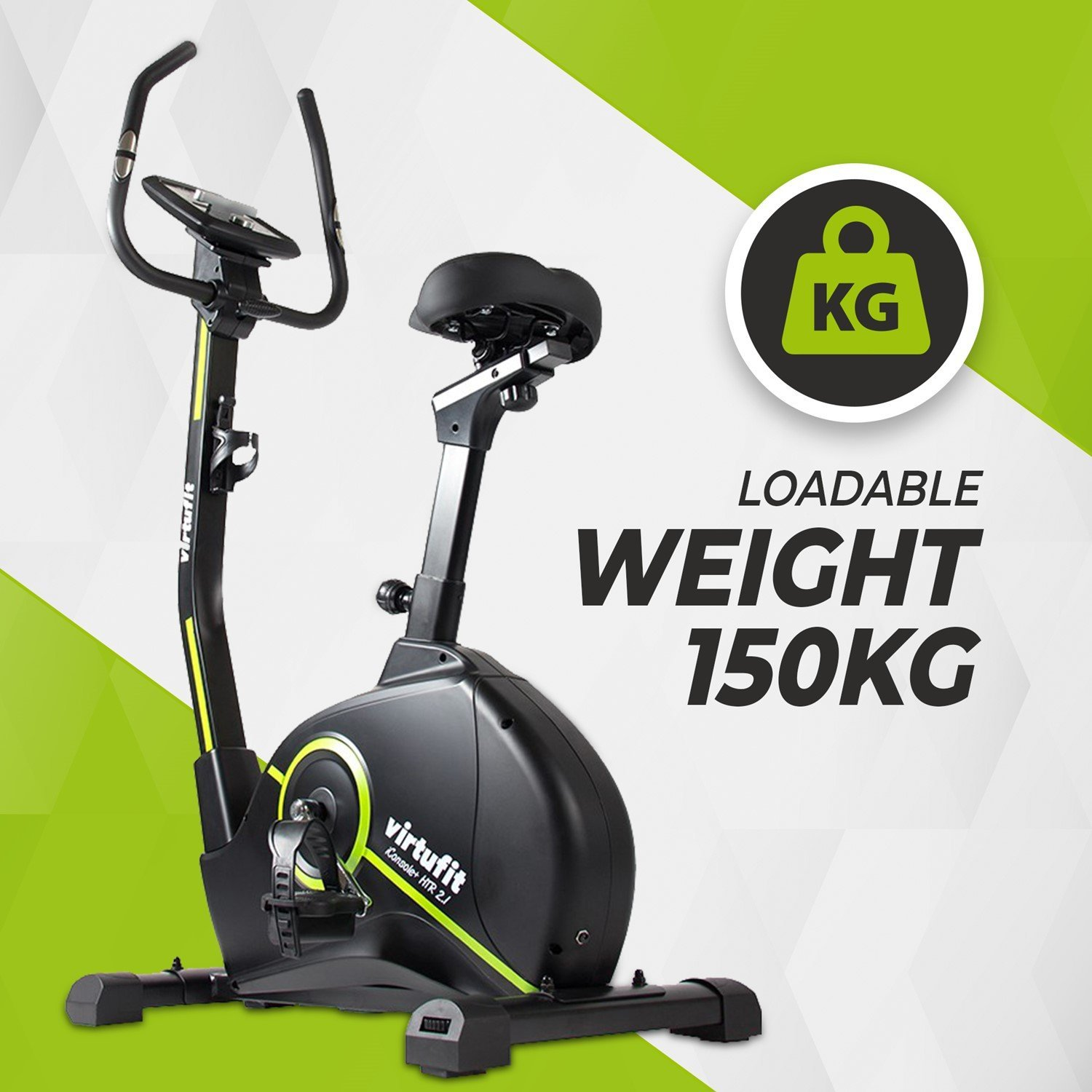 Schwarzes Trainingsfahrrad mit gelben Akzenten. Merkmale sind ein Sitz, Lenker und ein digitales Display. Die Gewichtskapazität beträgt 150 kg.