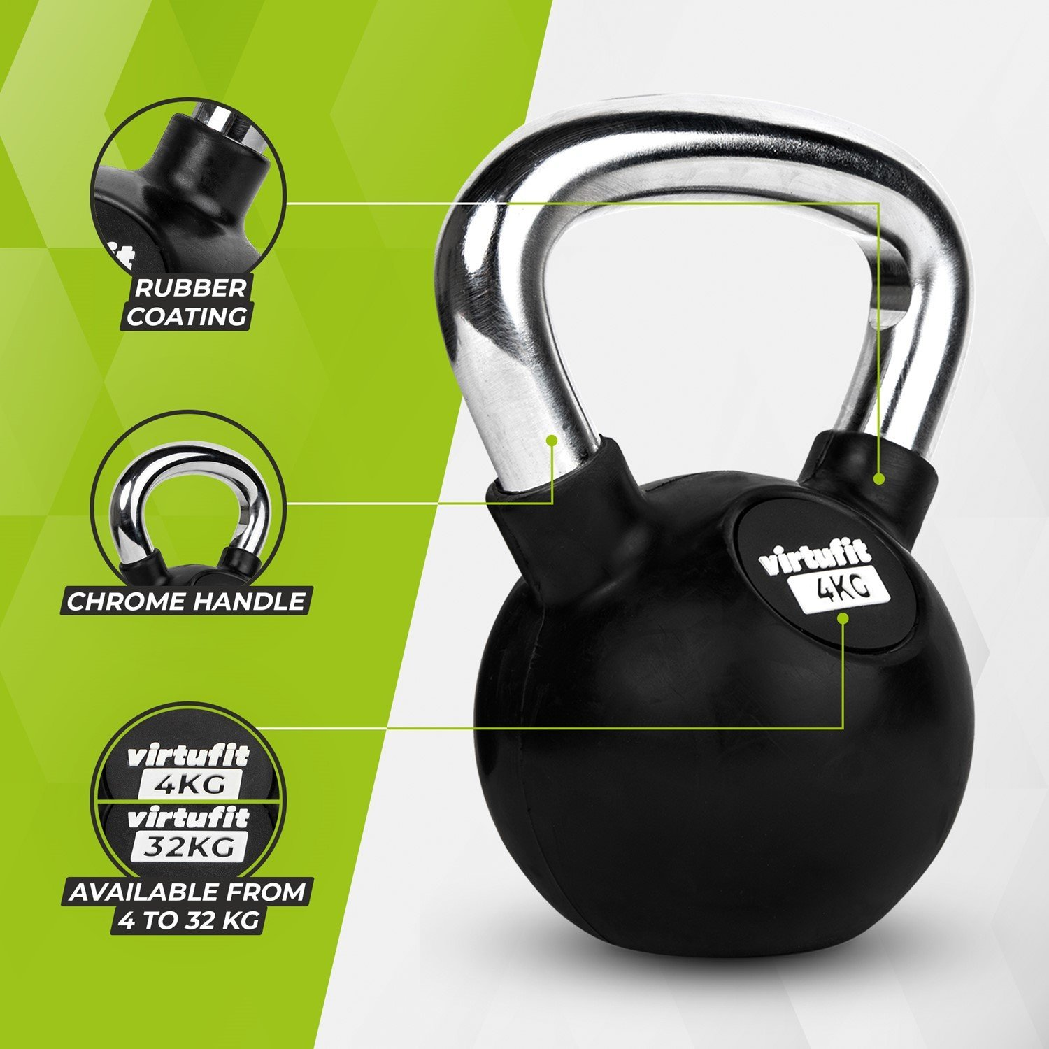 Schwarze Kettlebell mit Chromgriff, beschriftet mit 'virtufit 4KG'. Gummibeschichtung wird hervorgehoben. Erhältlich von 4 bis 32 KG.
