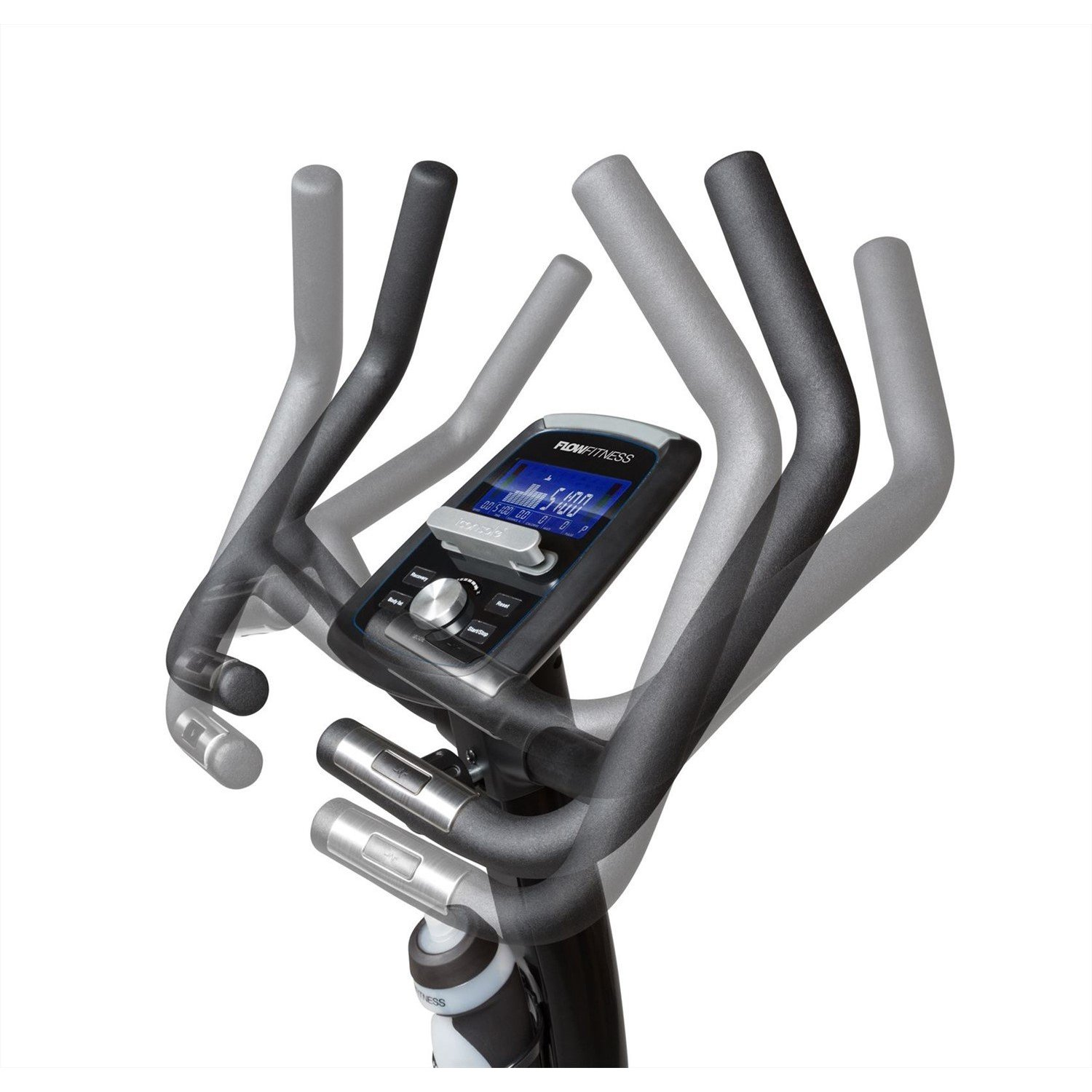 Ein Trainingsfahrrad mit Griffen und einem Digitaldisplay, das Metriken anzeigt. Es hat einen Wasserflaschenhalter und ein Bedienfeld.