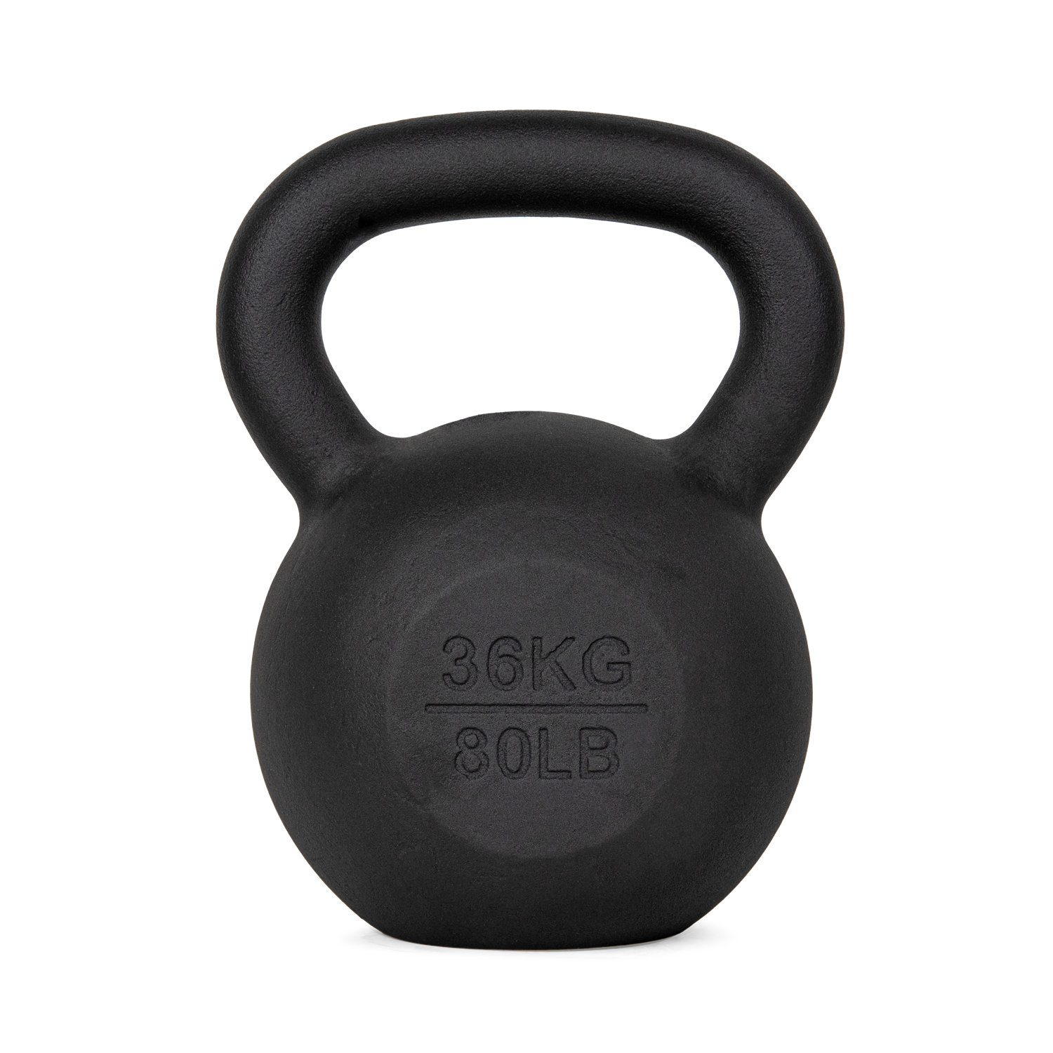 Eine schwarze Kettlebell mit Griff. Auf ihr steht '36KG/80LB'. Der Hintergrund ist weiß.