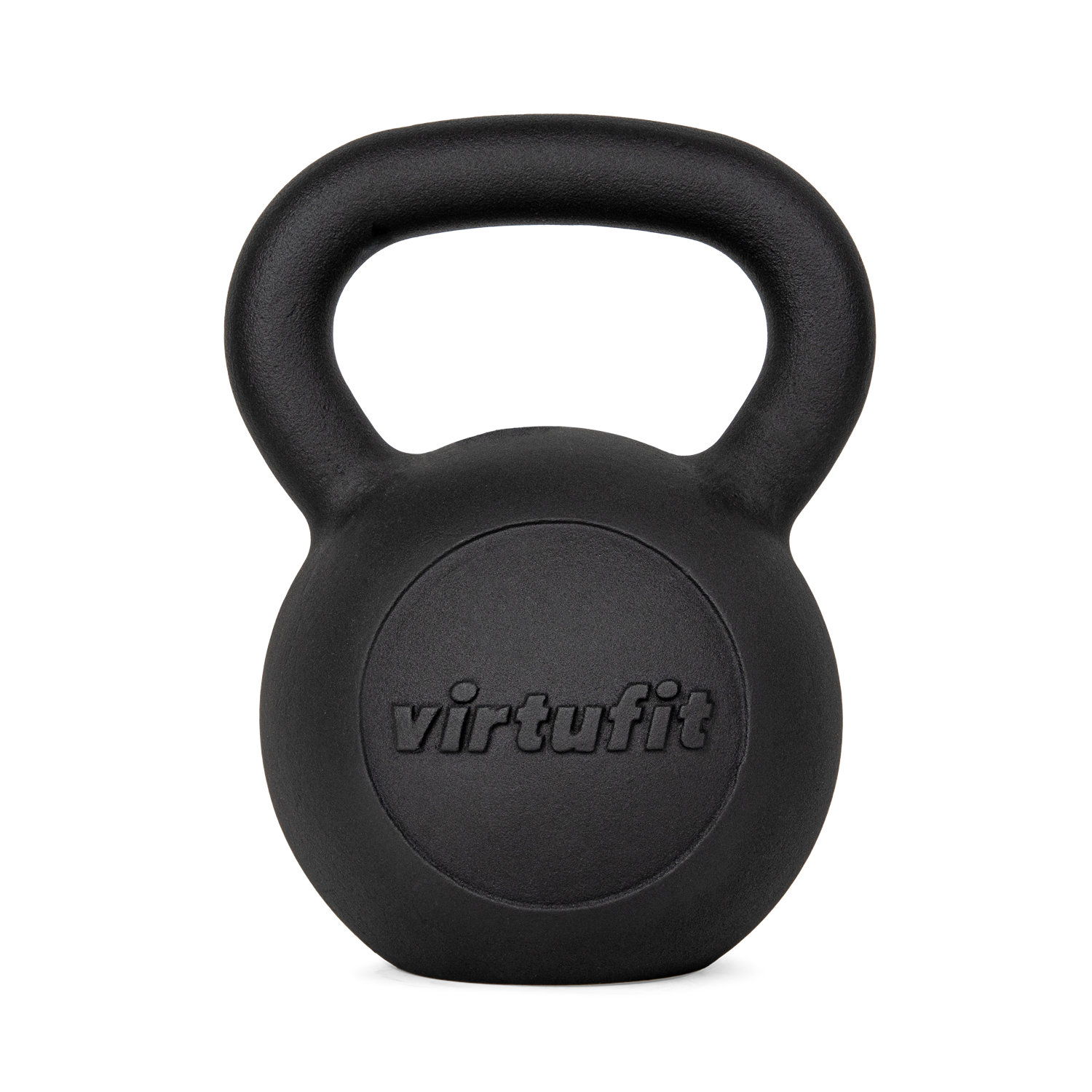 Eine schwarze Kettlebell mit Griff steht vor weißem Hintergrund. Das Wort 'virtufit' ist auf dem Körper geprägt.