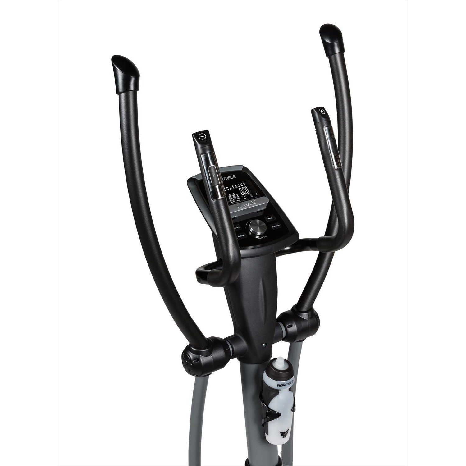 Ein Crosstrainer. Er hat schwarze Griffe, ein digitales Display und einen Trinkflaschenhalter. Der Hintergrund ist weiß.