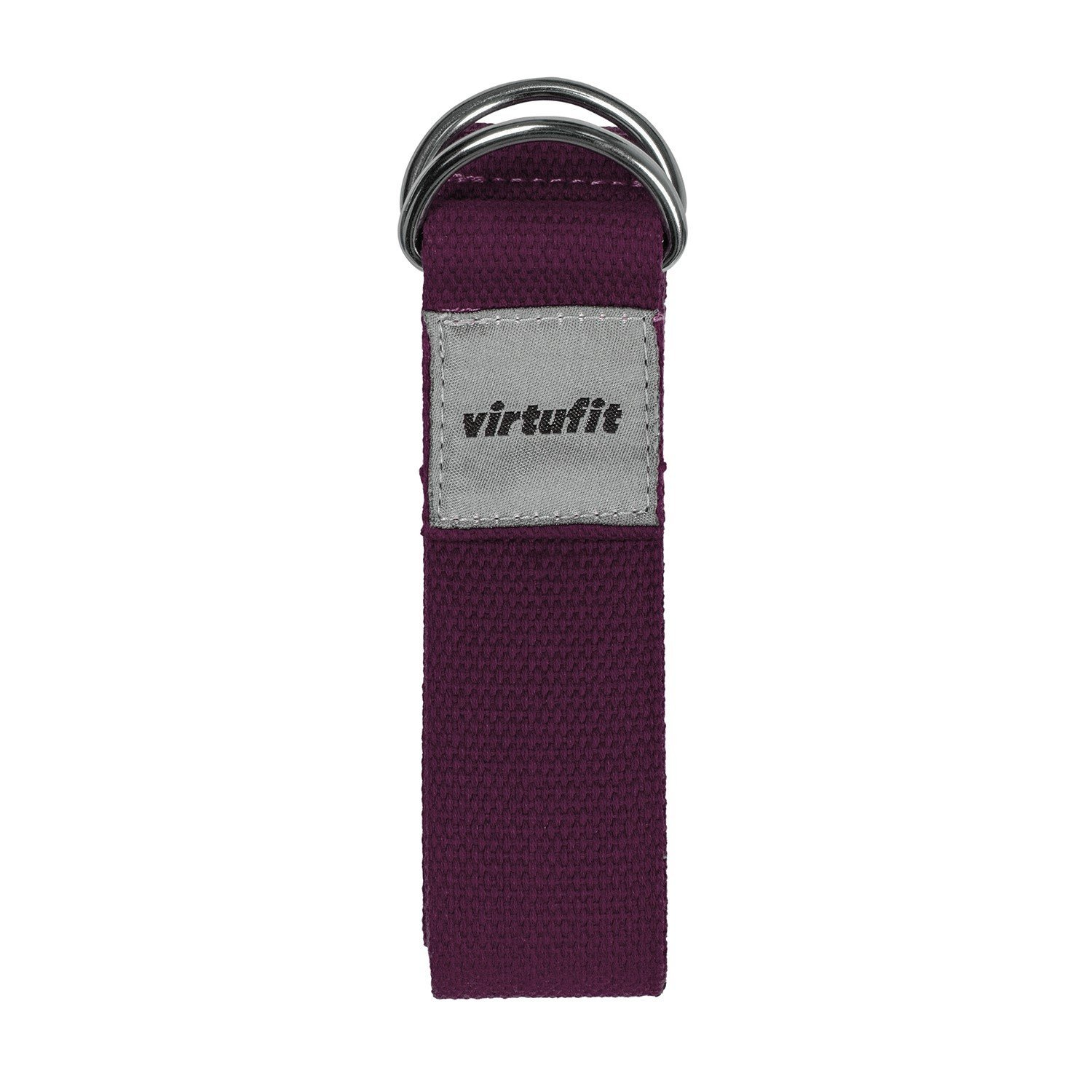 Ein lila Yogagurt mit silbernen Metallringen oben. Der Gurt hat ein Virtufit-Etikett.