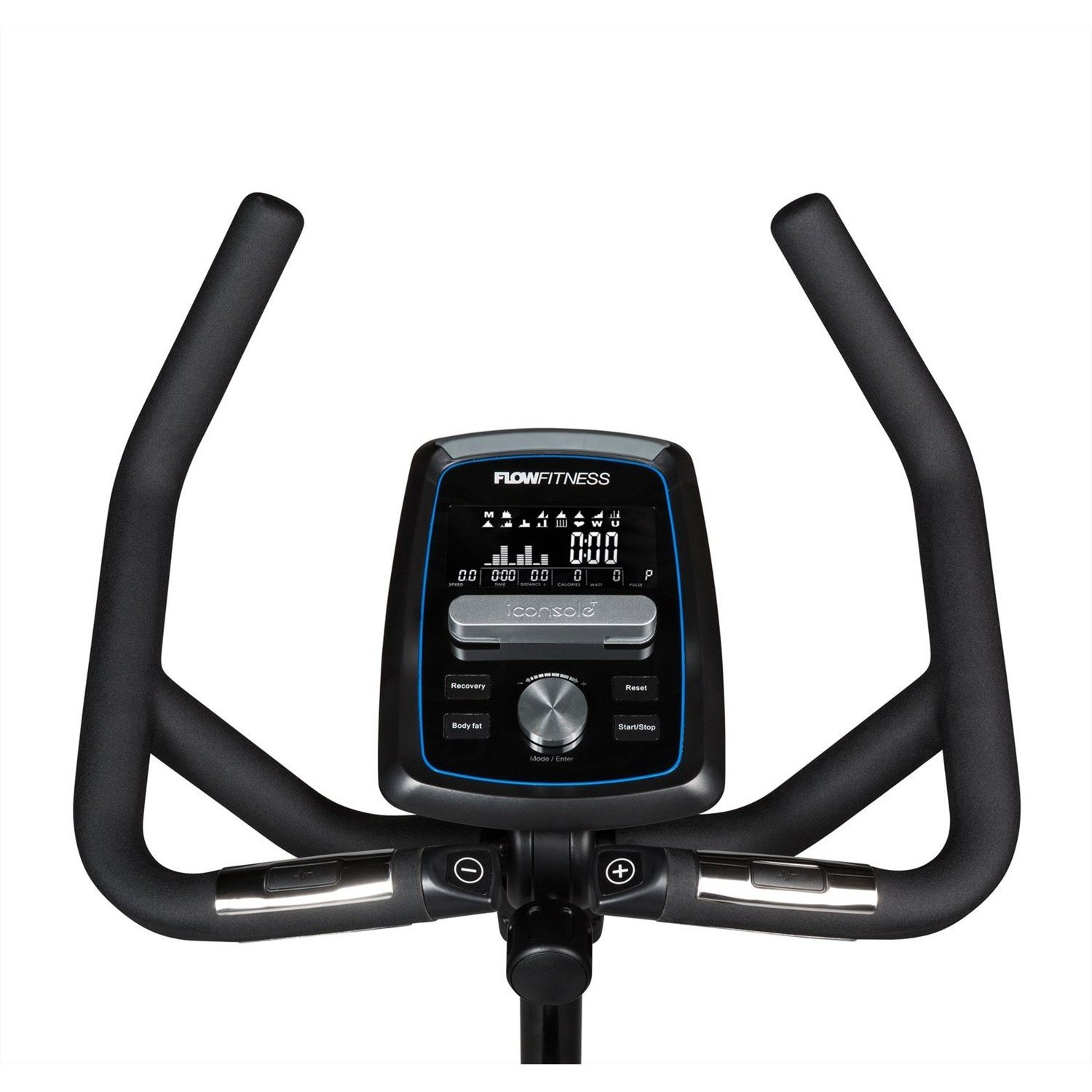 Hometrainer mit schwarzen Griffen und Display. Das Display zeigt Trainingsdaten an. Das Fahrrad hat Knöpfe zur Steuerung und Einstellung.