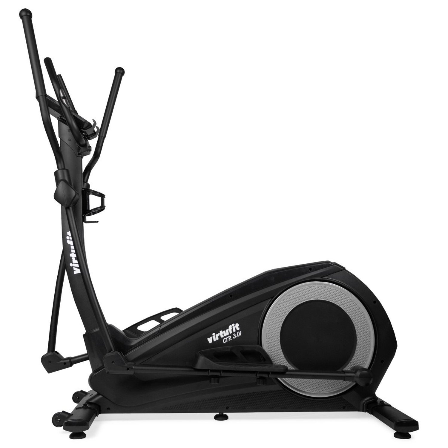 Schwarzes Ellipsentrainer. Es hat Griffe, ein Display und ein Rad. Der Markenname 'virtufit' ist sichtbar.