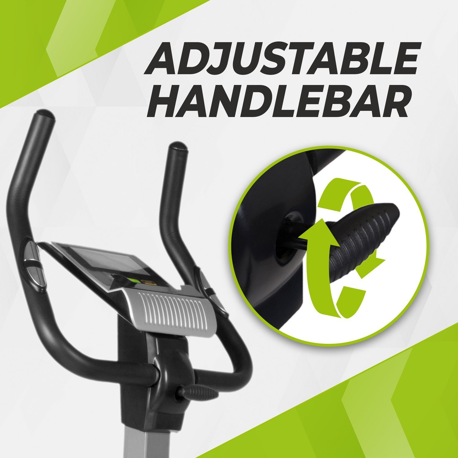 Ein Heimtrainer mit verstellbarem Lenker. Text sagt 'ADJUSTABLE HANDLEBAR'. Nahaufnahme zeigt den Einstellmechanismus.