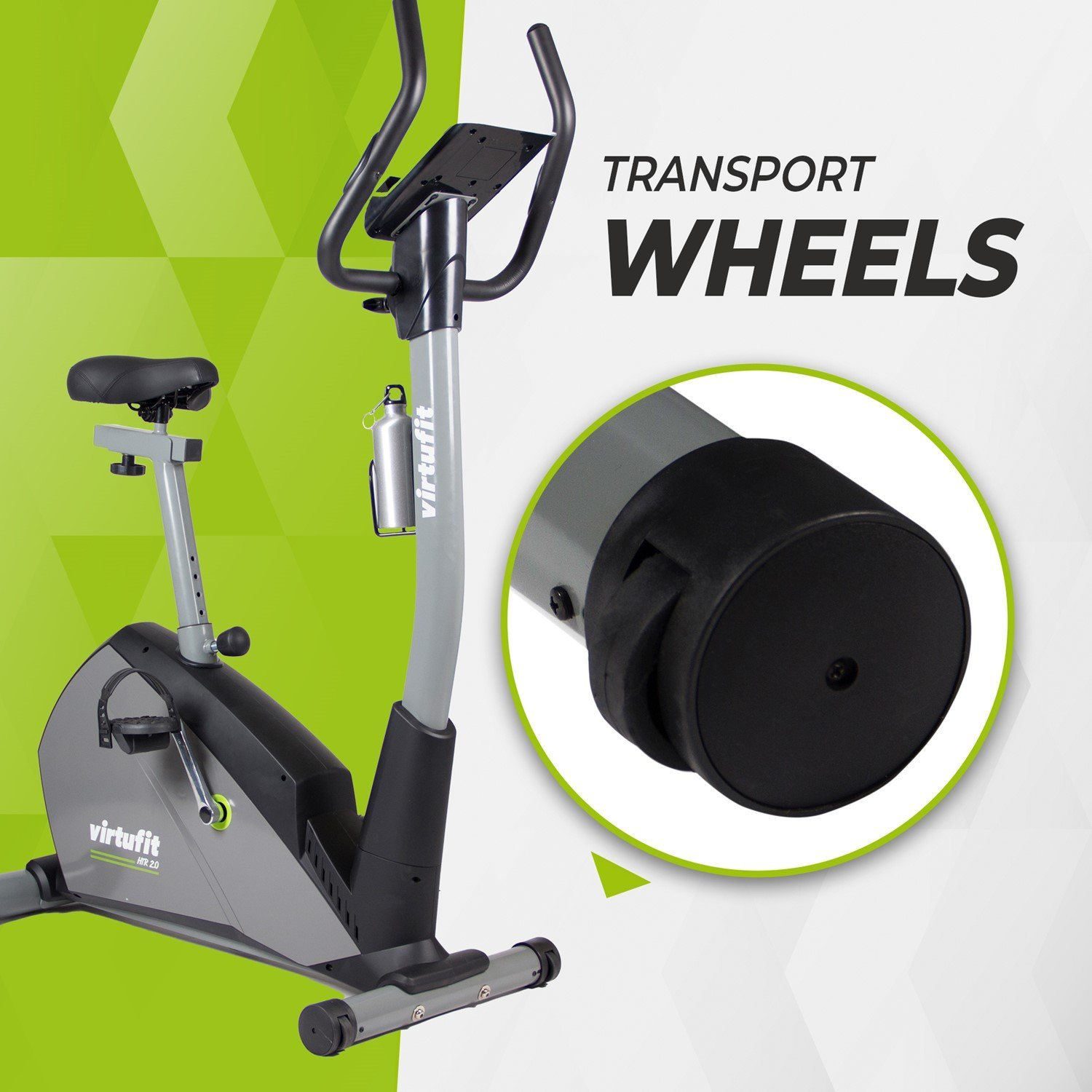 Ein Heimtrainer mit dem Text 'Transporträder'. Nahaufnahme eines schwarzen Rades. Graues und schwarzes Fahrrad.