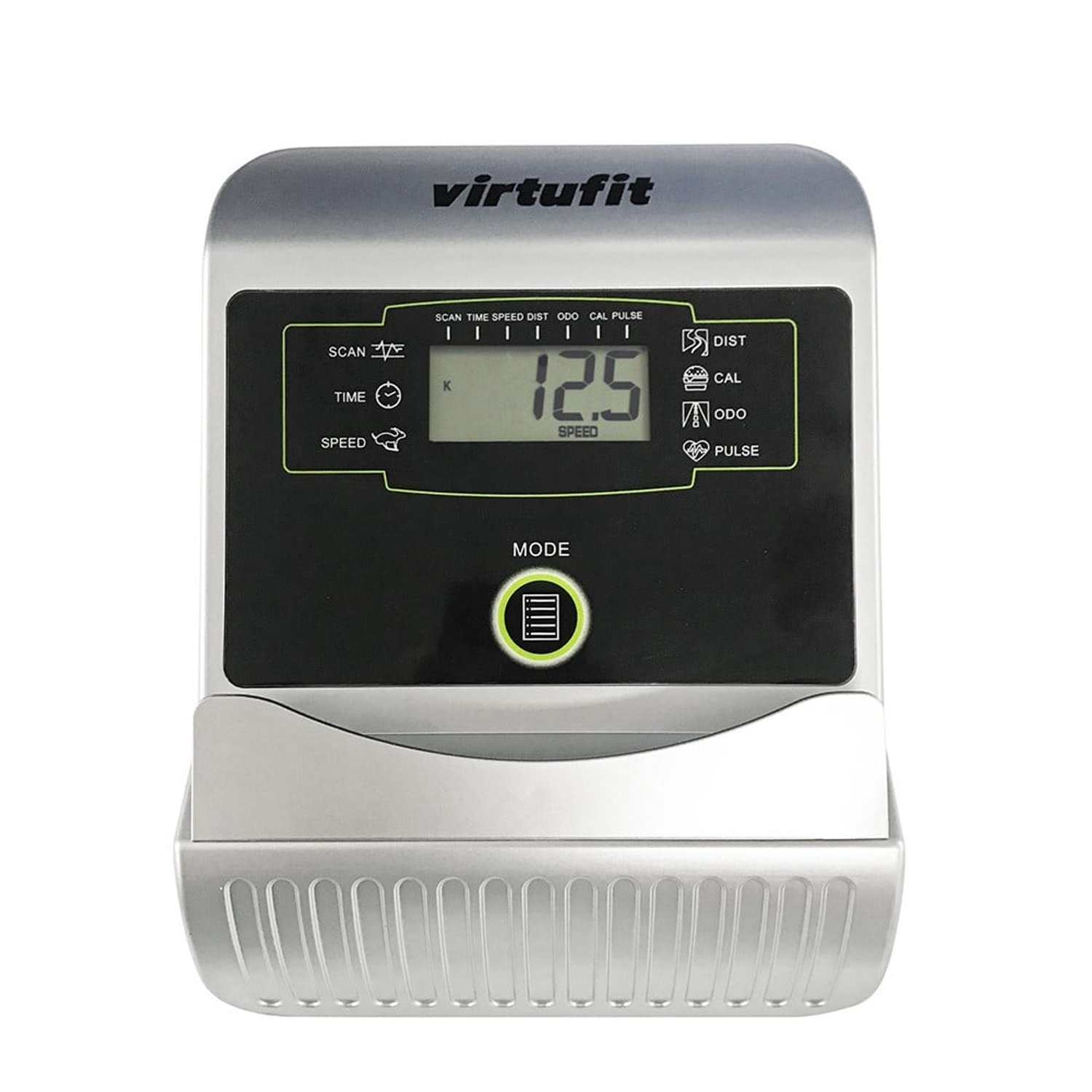 Eine Virtufit Fitnesskonsole mit digitaler Anzeige von 12,5. Sie verfügt über Optionen für Modus, Scan, Zeit, Geschwindigkeit, Entfernung, Kalorien, Puls und Odo.