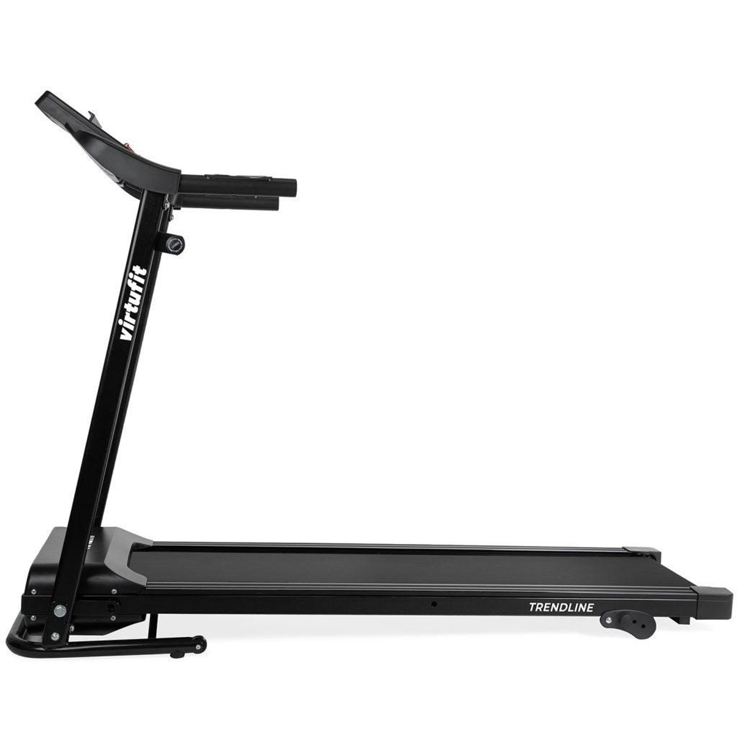 Ein schwarzes Virtufit Trendline Laufband. Es hat ein Laufband und ein abgewinkeltes Anzeigefeld. Der Rahmen ist schwarz.