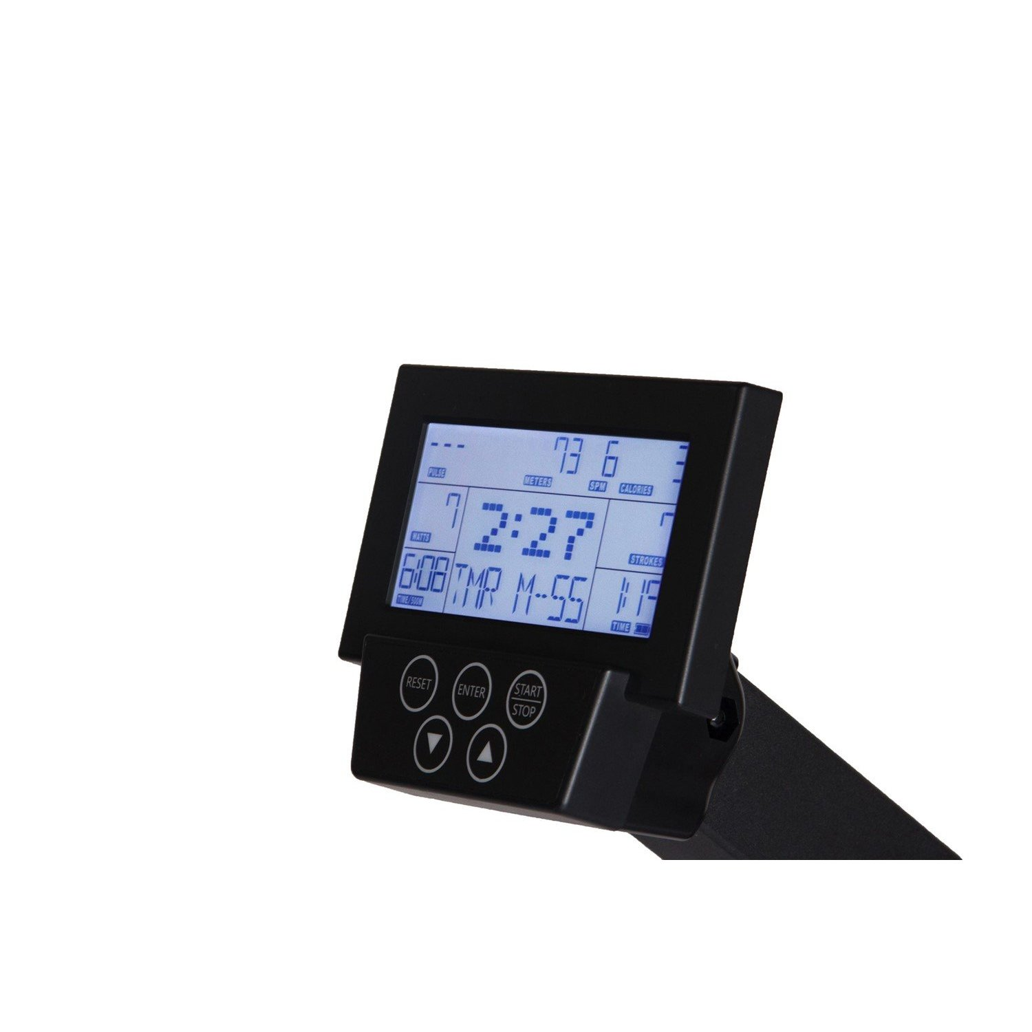 Ein Fitnessgerät-Display zeigt Statistiken: Puls, Watt, Meter, Zeit, Schläge. Zeigt Zahlen wie 73, 6, 12:27, 6:08, M-55, 1:19.