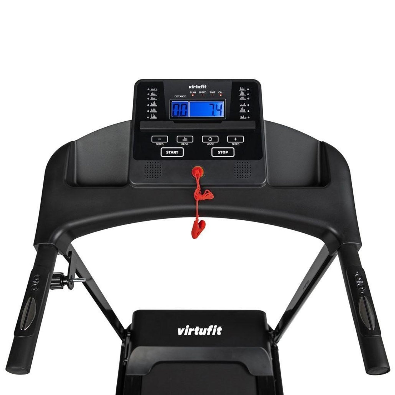 Ein Virtufit-Laufband. Es hat ein digitales Display mit 0,0 und 74, mit Steuertasten für Geschwindigkeit, Modus, Start und Stopp.