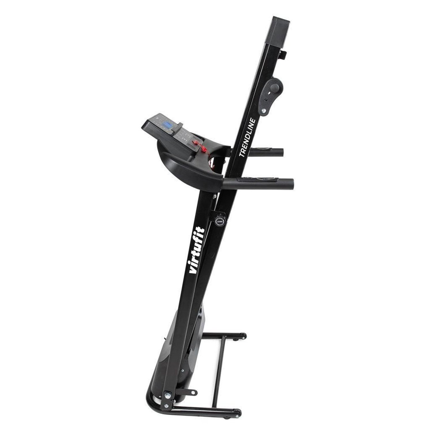 Ein schwarzes Virtufit Trendline Laufband. Es hat ein Bedienfeld und Griffe. Der Hintergrund ist weiß.