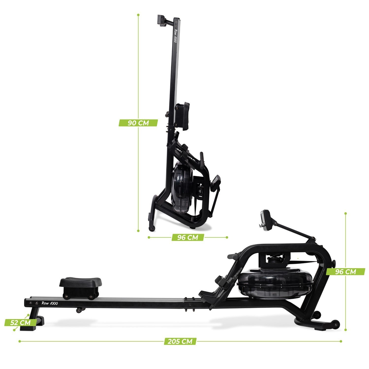 Eine schwarze Rudermaschine, beschriftet mit Row 1000. Abmessungen: 205 cm lang, 90 cm hoch und 96 cm breit. Ein Wassertank ist sichtbar.