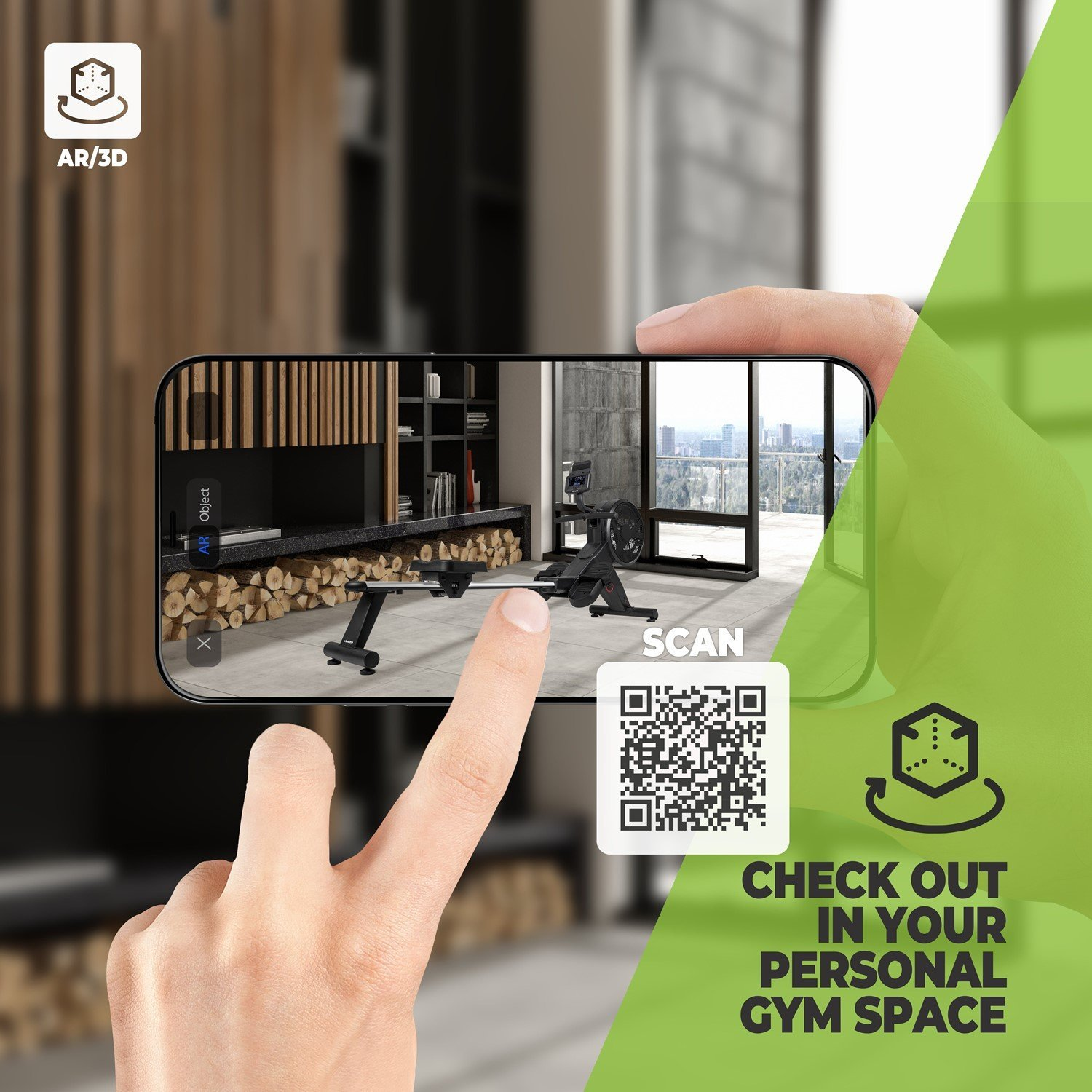 Una mano tiene in mano un telefono che mostra un interno di palestra. Viene visualizzato un codice QR con il testo 'Check out in your personal gym space'.