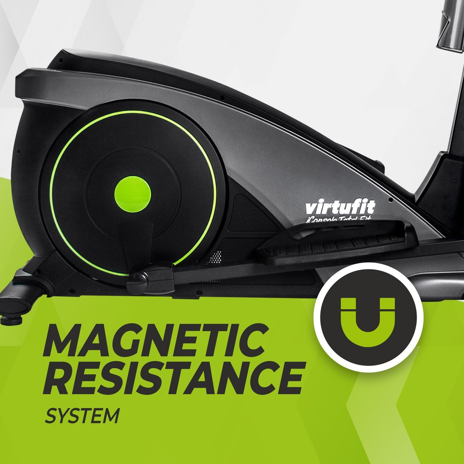 Crosstrainer. Schwarz und Grau mit grünen Akzenten. Magnetisches Widerstandssystem. Virtufit-Logo und Magnet-Symbol sind sichtbar.