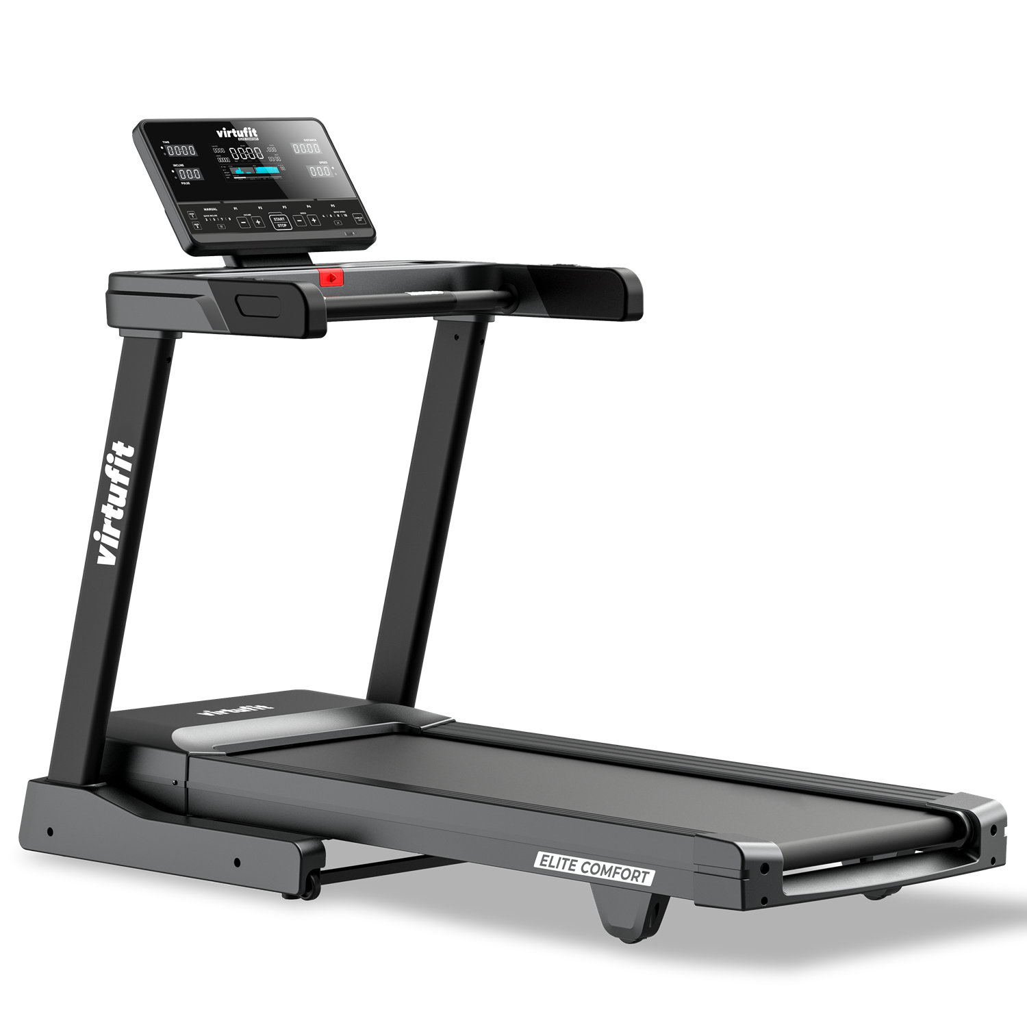 Ein Virtufit-Laufband. Es ist schwarz und grau mit einem LED-Bildschirm. Die Worte 'Elite Comfort' sind sichtbar.