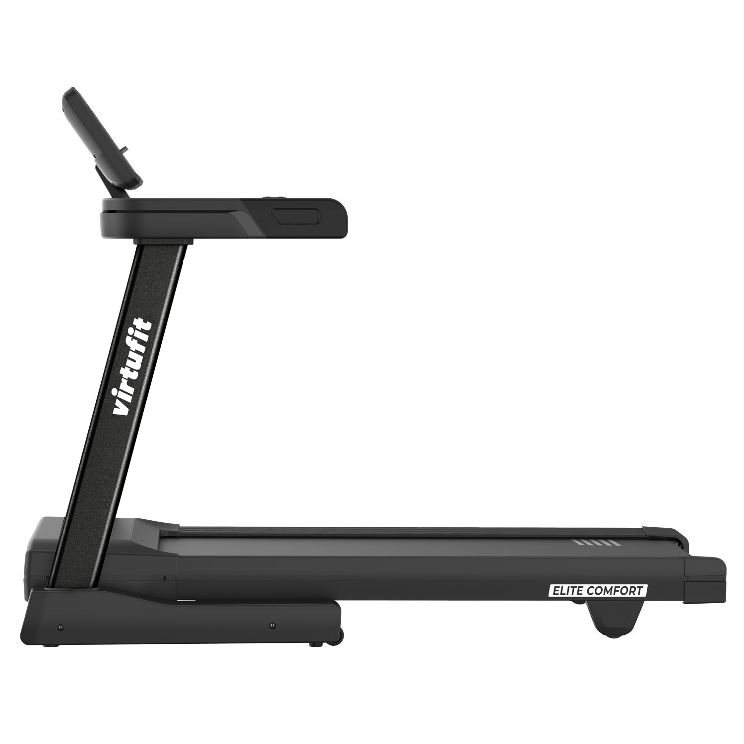 Ein schwarzes Virtufit-Laufband. Es hat ein Display, einen schrägen Rahmen mit dem Markenlogo und ein Etikett 'Elite Comfort'.