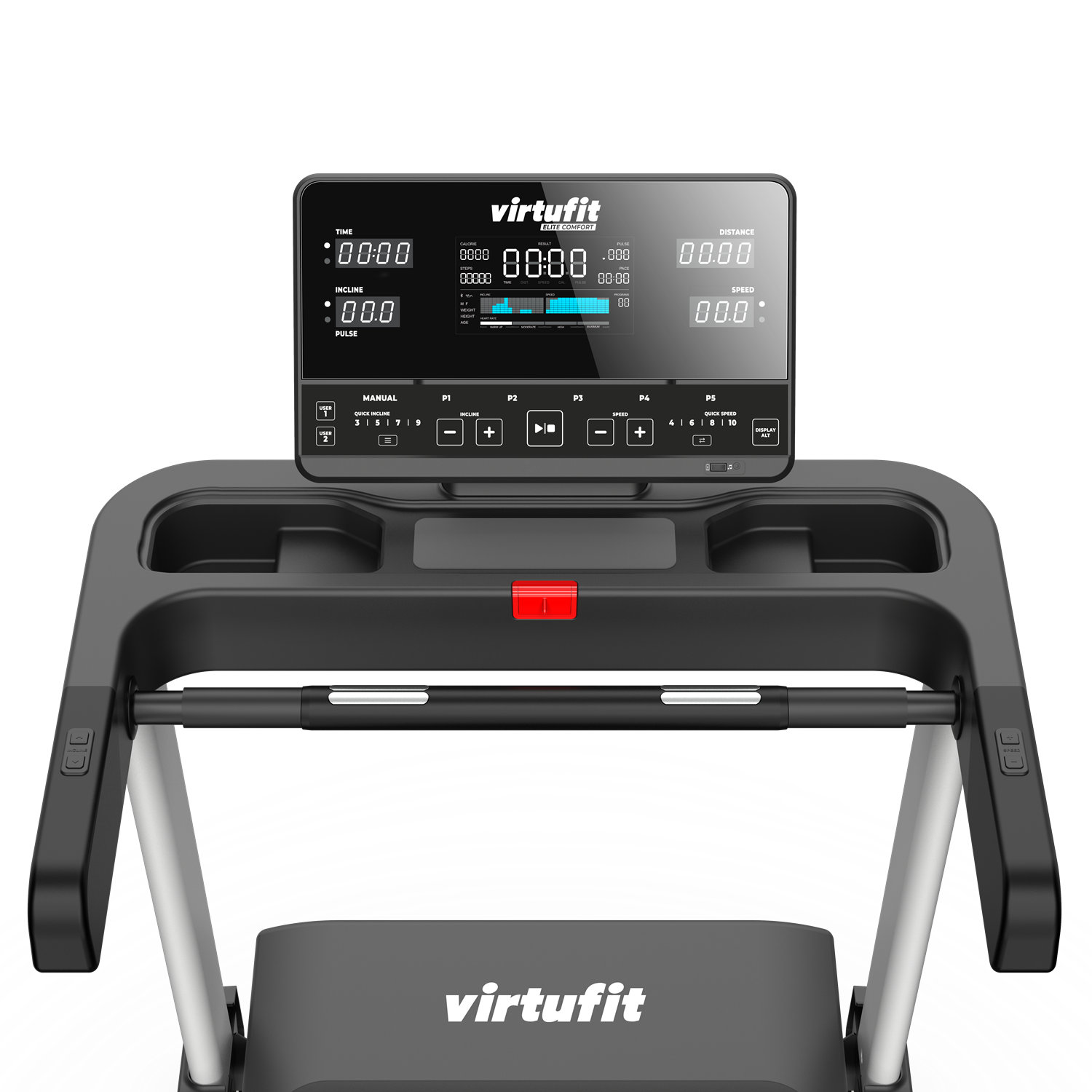 Ein Laufband mit digitaler Anzeige von Zeit, Steigung, Puls, Distanz und Geschwindigkeit. Der Markenname 'virtufit' ist sichtbar.