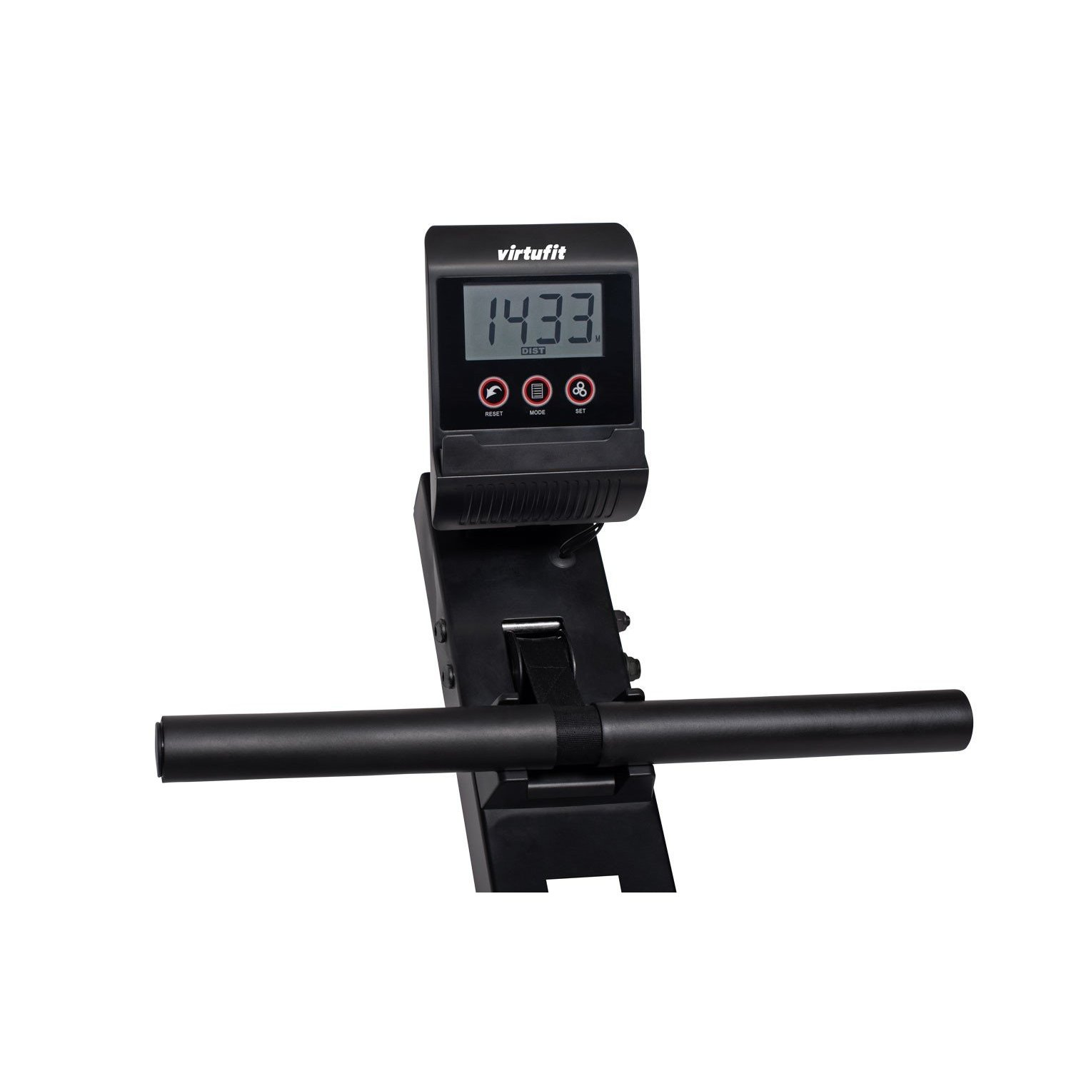 Ein schwarzes VirtuFit-Rudergerät-Konsolen zeigt 1433 an. Die Maschine hat eine horizontale Stange. Tasten sind mit Reset, Mode und Set beschriftet.