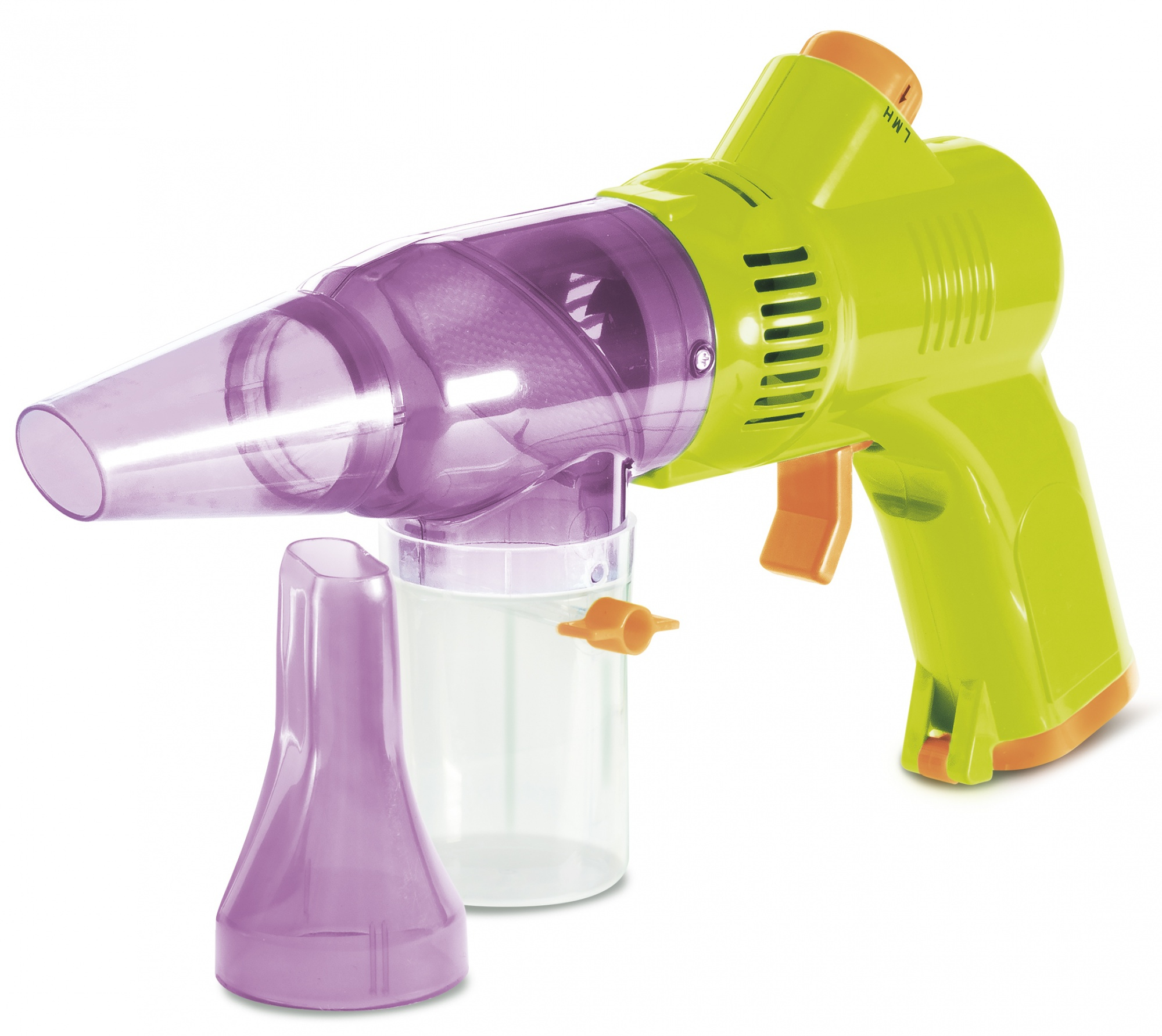 Aspirapolvere verde e viola con accenti arancioni. Ha un ugello, un'impugnatura, un contenitore per la polvere e un ugello viola aggiuntivo.