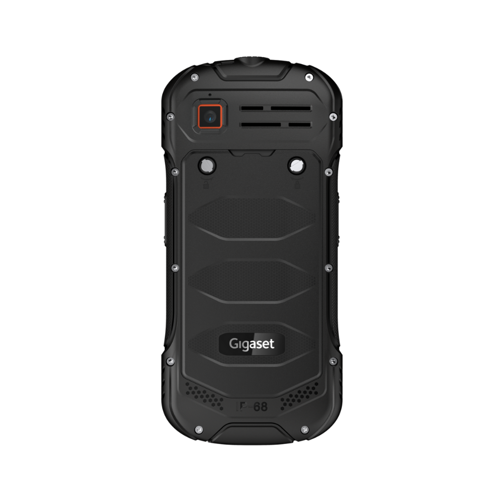 Telefono Gigaset nero, vista posteriore. Presenta fotocamera, altoparlante e logo Gigaset. Design robusto con viti a vista.