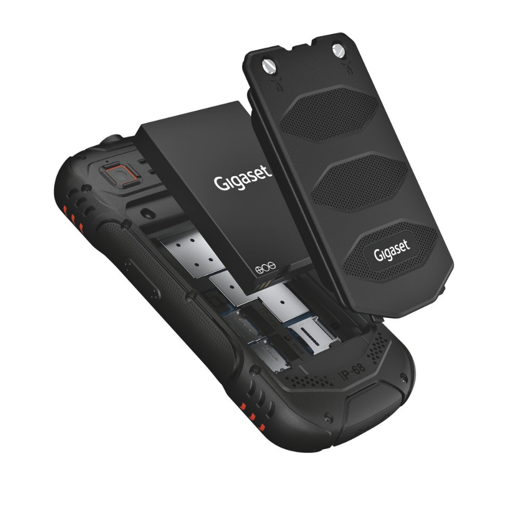 Telefono Gigaset nero con retro aperto, batteria rimossa. Il telefono è nero e arancione, con il logo Gigaset visibile.