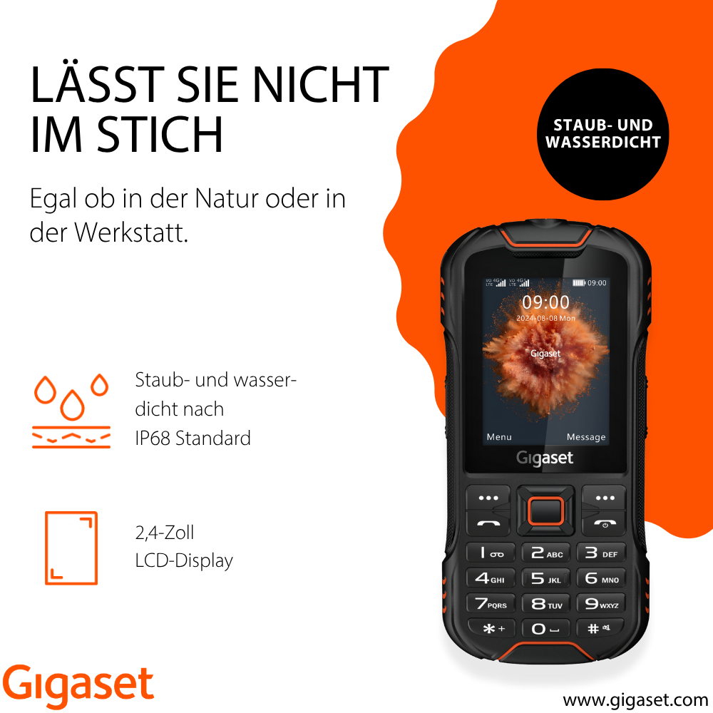 Viene mostrato un telefono Gigaset con un design nero e arancione. Lo schermo mostra l'ora. Il telefono è resistente alla polvere e all'acqua.